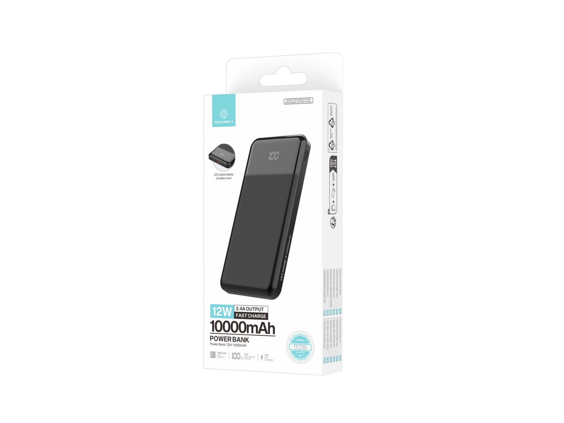 Techancy Power Bank TF2785, 10000mAh, 12W Fast Charging, 2.4A Output, LED Display, Compatible with i Techancy Power Bank TF2785, 10000mAh, 12W Fast Charging, 2.4A Output, LED Display, Compatible with i