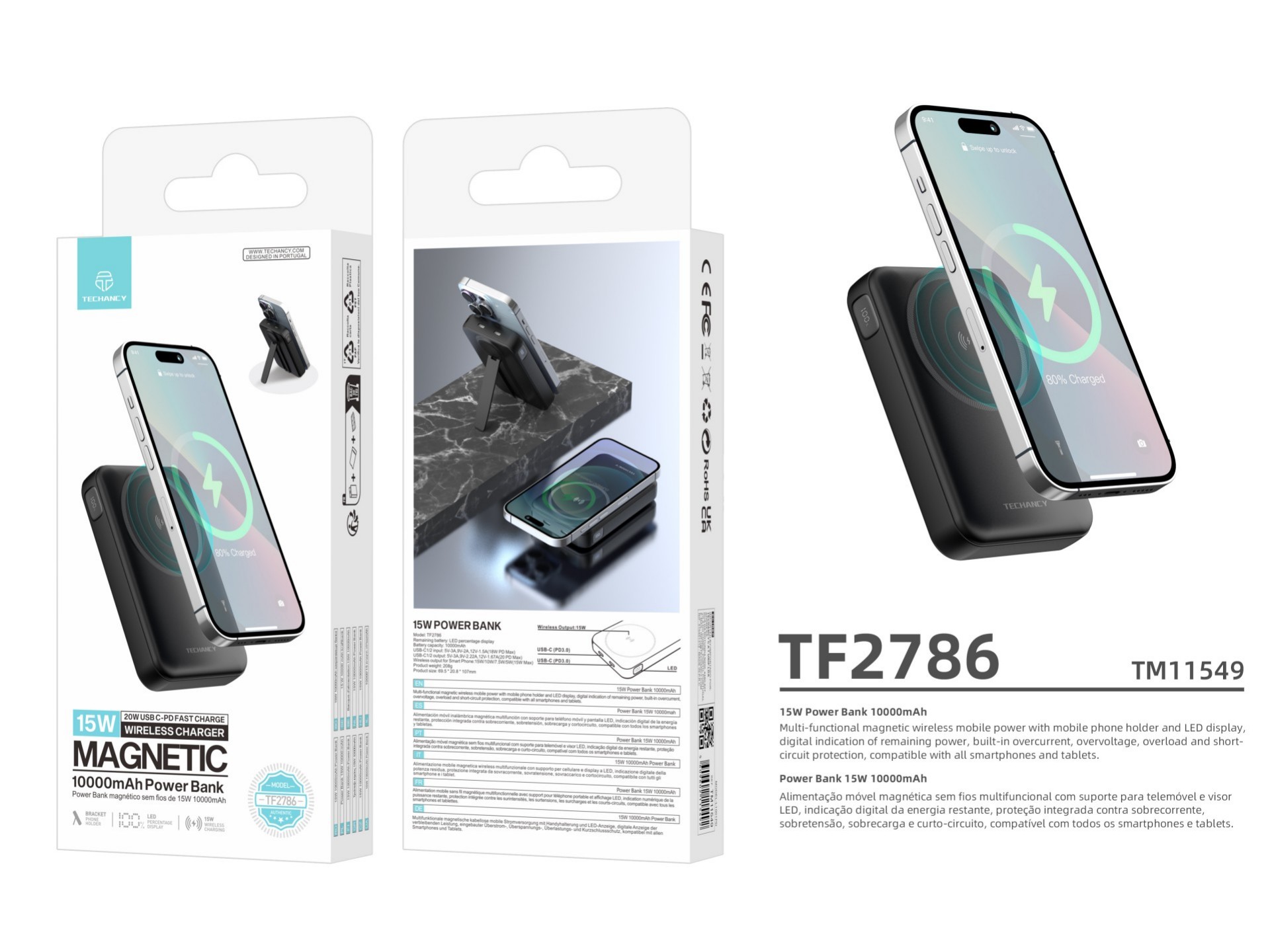 Techancy Power Bank Magnetico TF2786 10000mAh Carregamento Rapido Sem Fios 15W PD 20W Compativel com Techancy Power Bank Magnetico TF2786 10000mAh Carregamento Rapido Sem Fios 15W PD 20W Compativel com