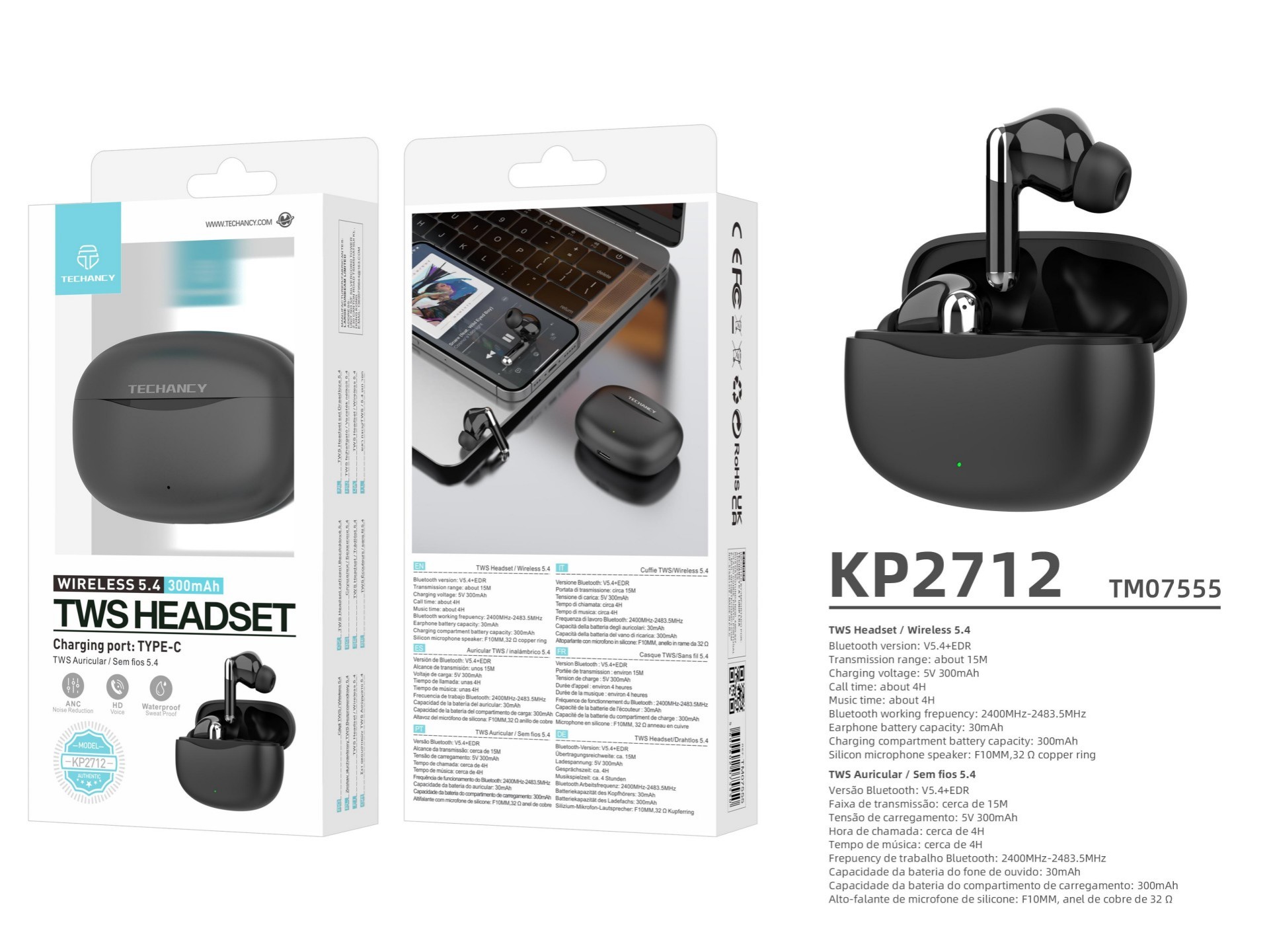 Techancy Auricolari TWS KP2712, Bluetooth 5.4 wireless, porta di ricarica di tipo C, portata 15 m, Techancy Auricolari TWS KP2712, Bluetooth 5.4 wireless, porta di ricarica di tipo C, portata 15 m,