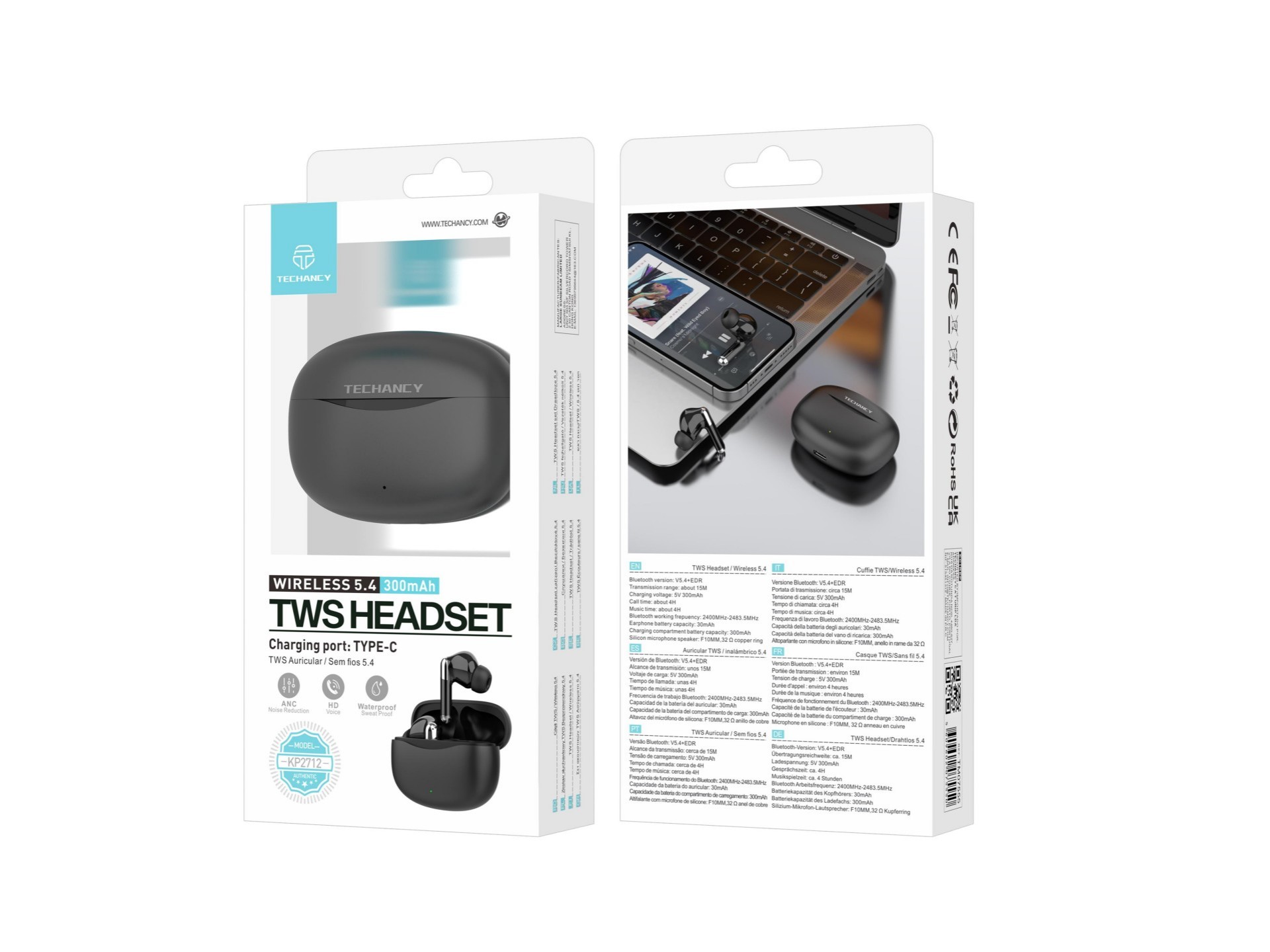 Techancy Auricolari TWS KP2712, Bluetooth 5.4 wireless, porta di ricarica di tipo C, portata 15 m, Techancy Auricolari TWS KP2712, Bluetooth 5.4 wireless, porta di ricarica di tipo C, portata 15 m,