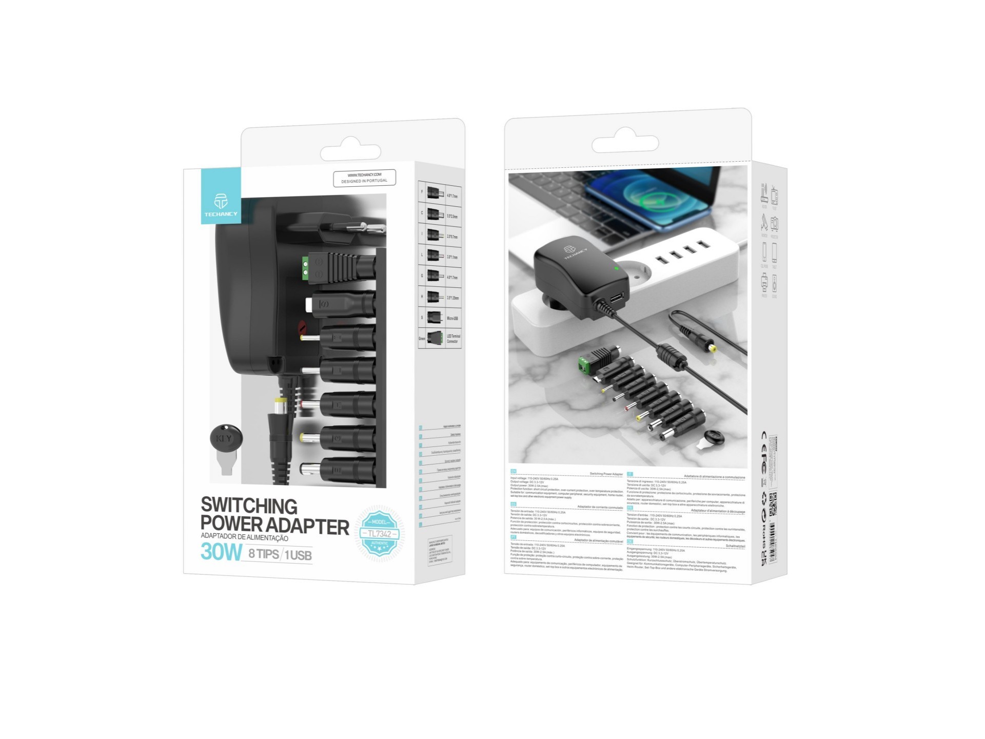 Techancy Verstellbarer Netzadapter TL7342, 30 W, variable Spannung DC 3-12 V, 8 Spitzen, 1 USB, Kurz