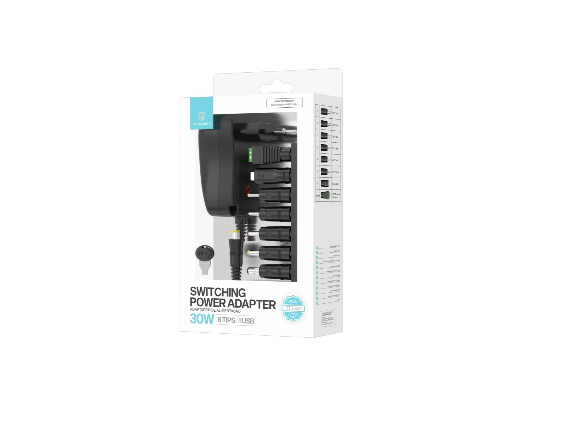 Techancy Verstellbarer Netzadapter TL7342, 30 W, variable Spannung DC 3-12 V, 8 Spitzen, 1 USB, Kurz