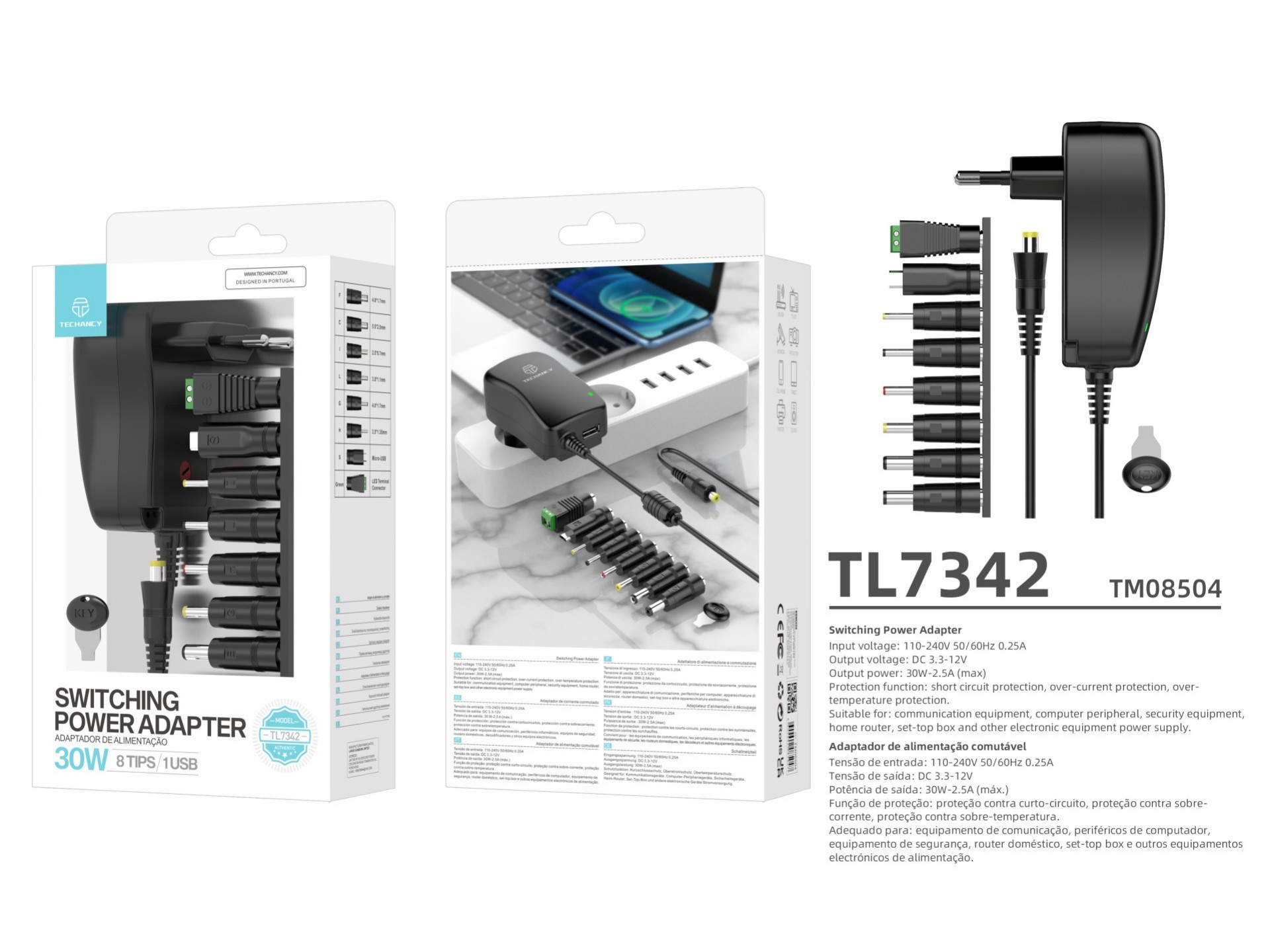 Techancy Verstellbarer Netzadapter TL7342, 30 W, variable Spannung DC 3-12 V, 8 Spitzen, 1 USB, Kurz