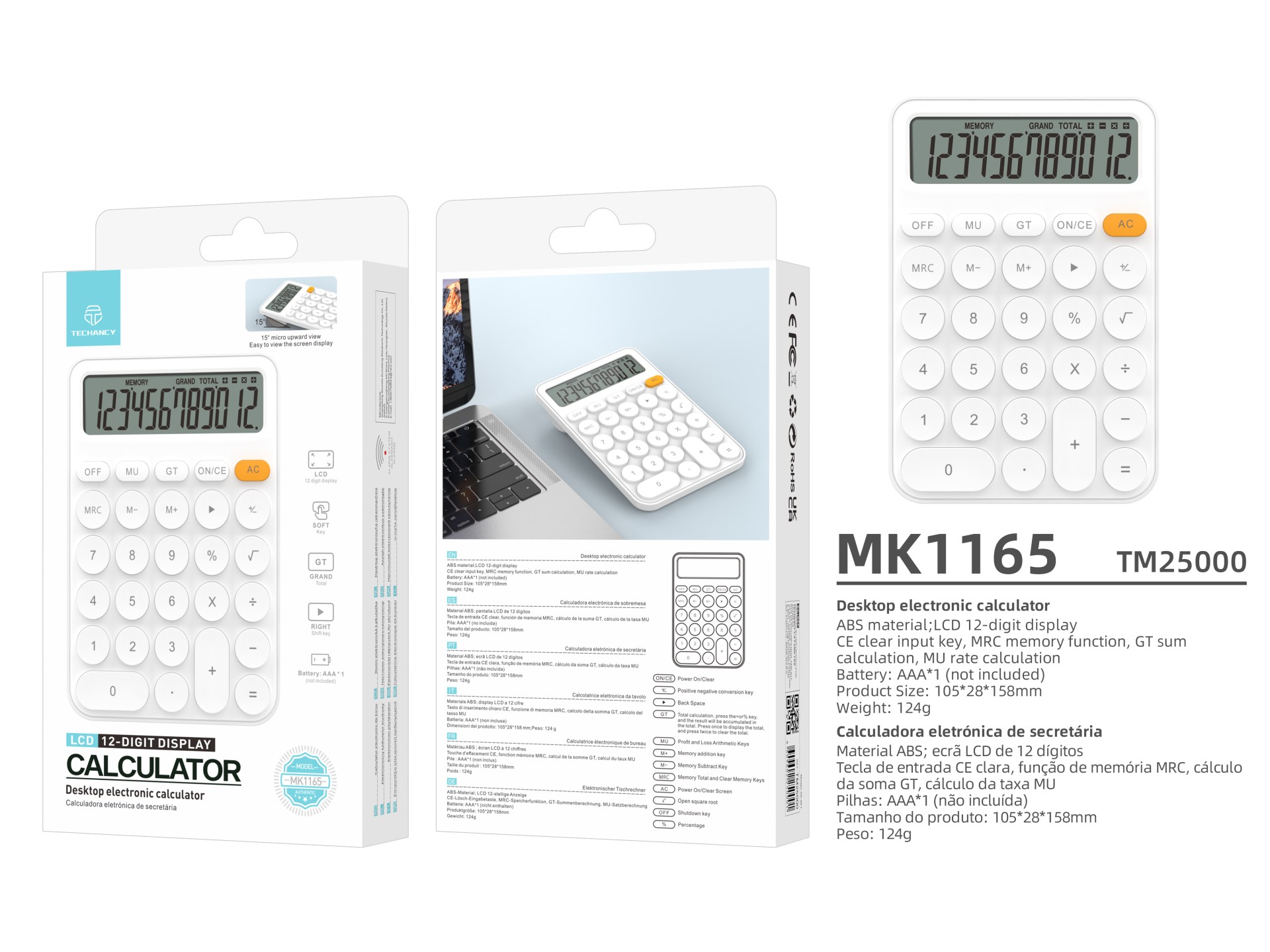 Techancy MK1165 Desktop Calculator, 12 Digits, LCD Display, MRC GT MU Functions, Clear CE Key, White Techancy MK1165 Desktop Calculator, 12 Digits, LCD Display, MRC GT MU Functions, Clear CE Key, White