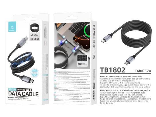 Techancy Magnetic Cable TB1802 USB-C to USB-C 1M 60W PD supports 30W charging and 480Mbps data trans Techancy Magnetic Cable TB1802 USB-C to USB-C 1M 60W PD supports 30W charging and 480Mbps data trans