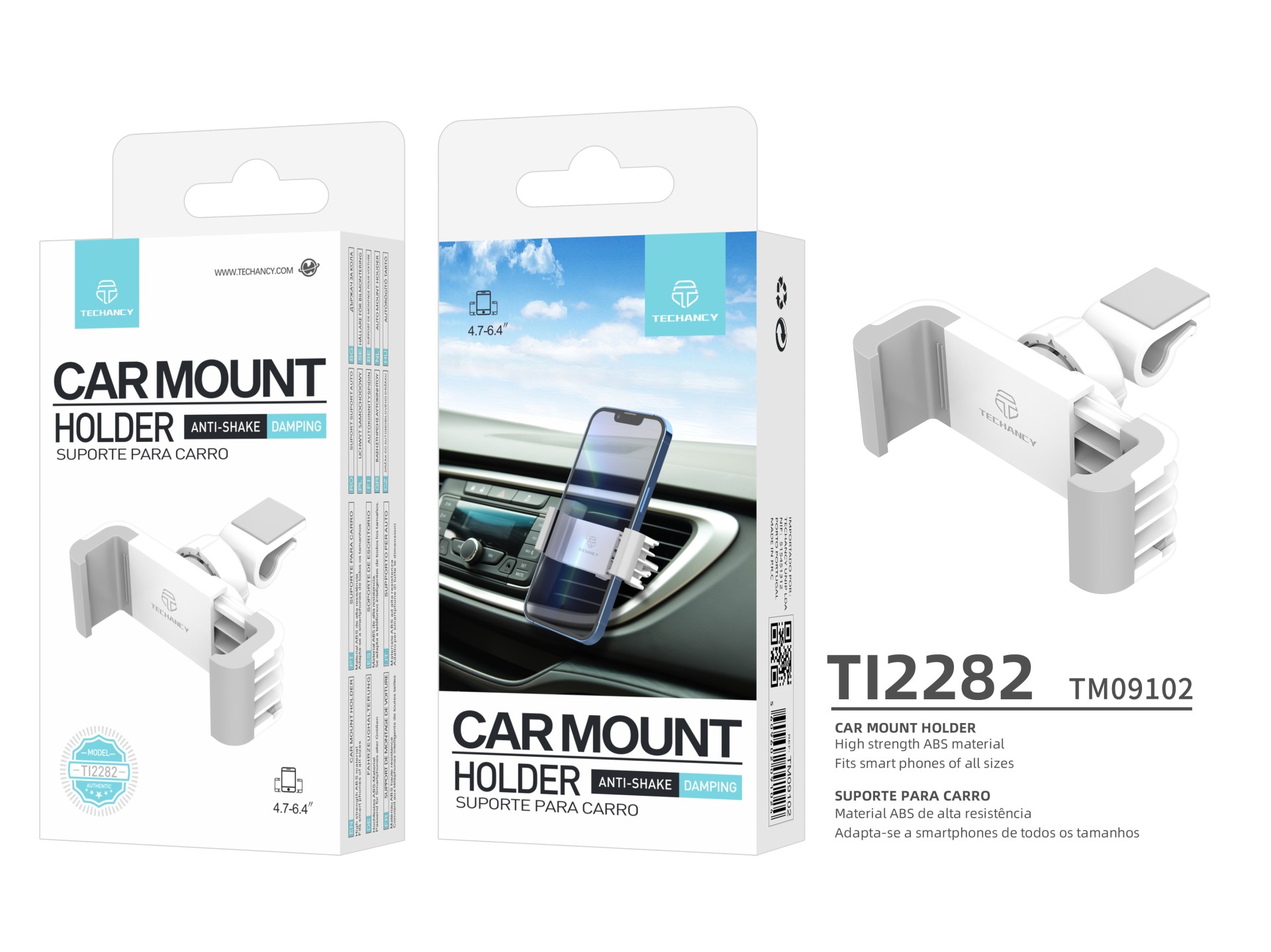 Techancy Car Mobile Phone Holder TI2282 Rotating Stable Compatible with 4.7 to 6.4 Inches White