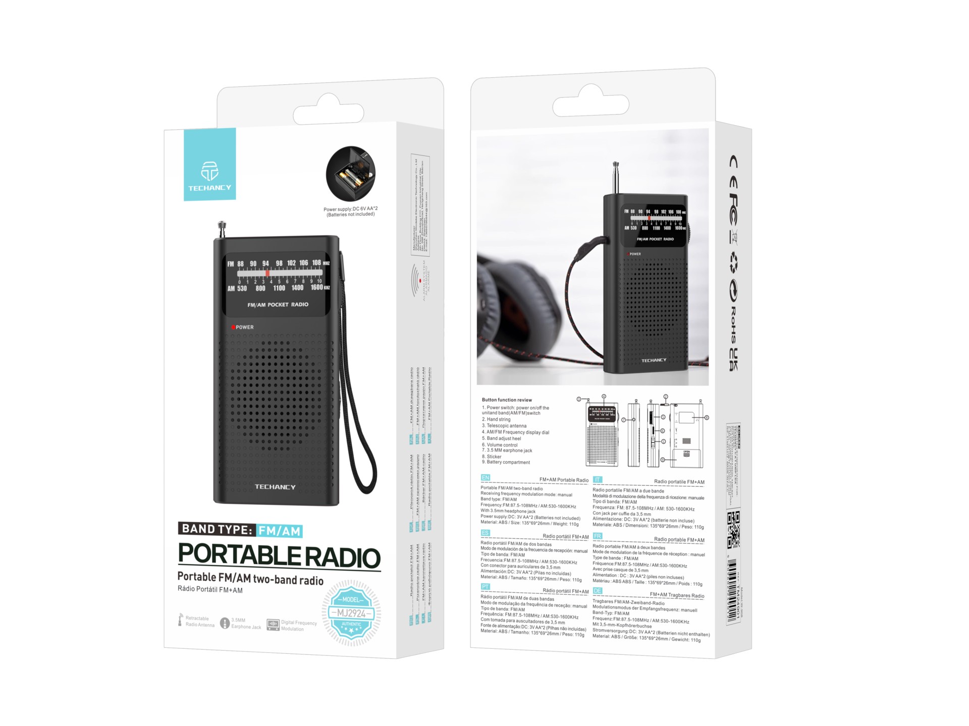 Techancy MJ2924 Radio portatil FM AM com sintonia manual entrada fone 3.5mm pilhas AA*2 nao incluida Techancy MJ2924 Radio portatil FM AM com sintonia manual entrada fone 3.5mm pilhas AA*2 nao incluida