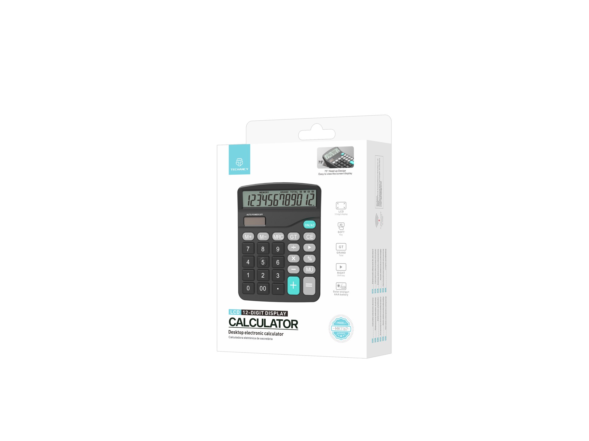 Techancy MK1167 Calcolatrice da tavolo ABS a doppia alimentazione con funzione GT/MU a 12 cifre TM25 Techancy MK1167 Calcolatrice da tavolo ABS a doppia alimentazione con funzione GT/MU a 12 cifre TM25