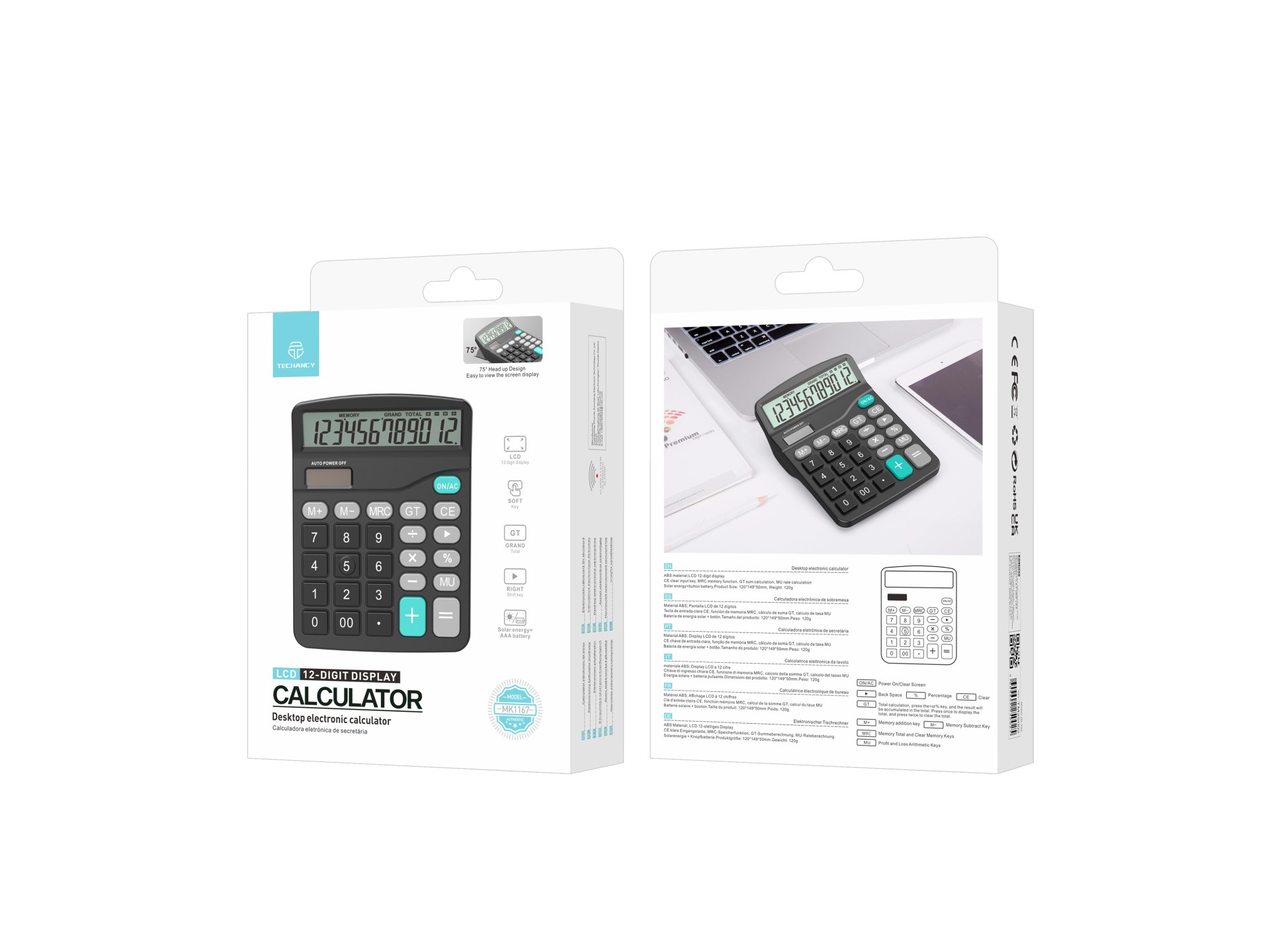 Techancy MK1167 Calcolatrice da tavolo ABS a doppia alimentazione con funzione GT/MU a 12 cifre TM25 Techancy MK1167 Calcolatrice da tavolo ABS a doppia alimentazione con funzione GT/MU a 12 cifre TM25