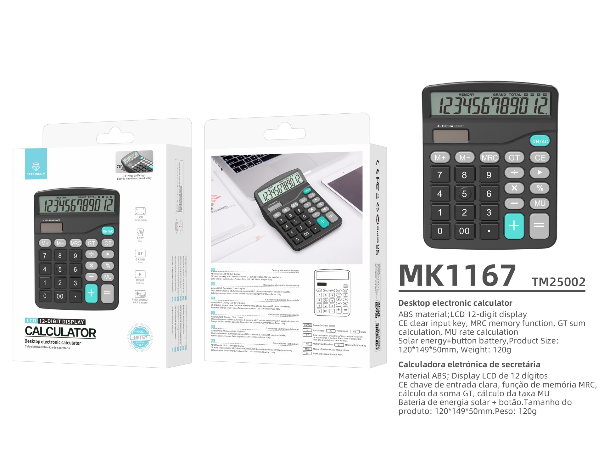 Techancy MK1167 Calcolatrice da tavolo ABS a doppia alimentazione con funzione GT/MU a 12 cifre TM25 Techancy MK1167 Calcolatrice da tavolo ABS a doppia alimentazione con funzione GT/MU a 12 cifre TM25