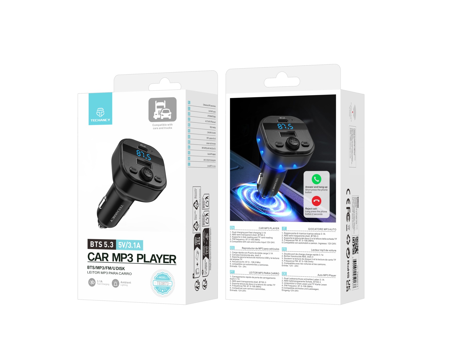 Techancy Leitor MP3 para Carro TE0873, Dupla Porta USB 3.1A, FM, U Disk, TF Card, Compativel 12V-24V Techancy Leitor MP3 para Carro TE0873, Dupla Porta USB 3.1A, FM, U Disk, TF Card, Compativel 12V-24V