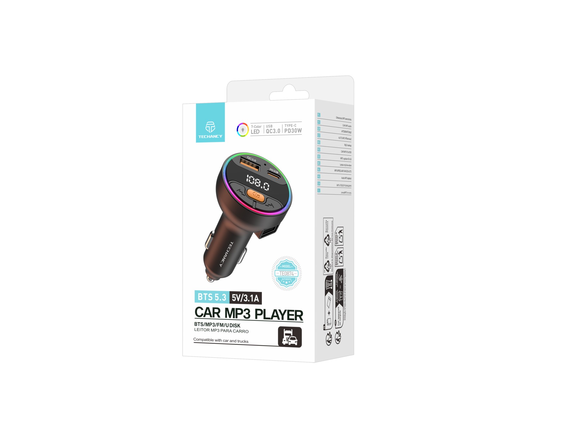Techancy Auto-MP3-Player TE0874, PD30W+QC3.0, 7-farbiges Licht, FM 87,5-108 MHz, U-Disk, kompatibel Techancy Auto-MP3-Player TE0874, PD30W+QC3.0, 7-farbiges Licht, FM 87,5-108 MHz, U-Disk, kompatibel