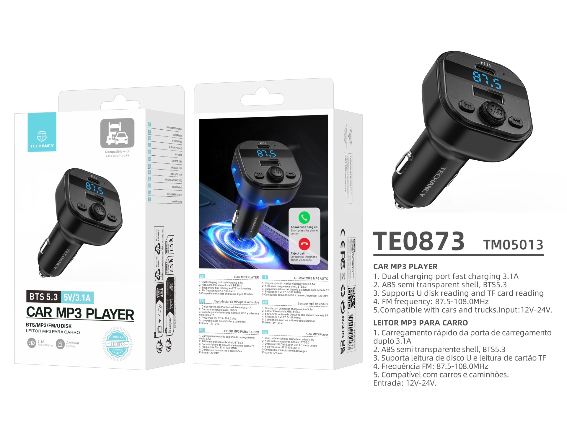Techancy Leitor MP3 para Carro TE0873, Dupla Porta USB 3.1A, FM, U Disk, TF Card, Compativel 12V-24V Techancy Leitor MP3 para Carro TE0873, Dupla Porta USB 3.1A, FM, U Disk, TF Card, Compativel 12V-24V