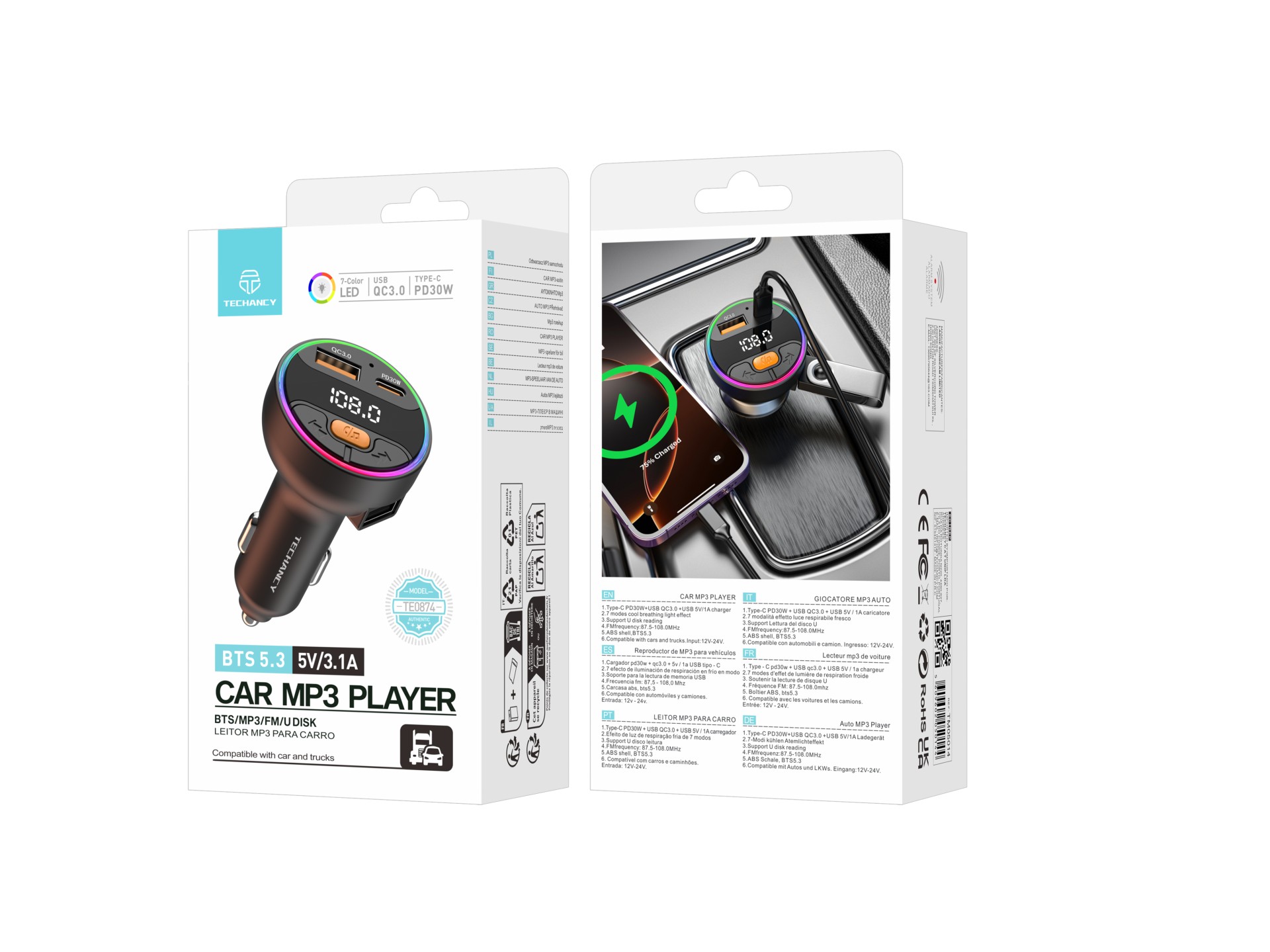 Techancy Auto-MP3-Player TE0874, PD30W+QC3.0, 7-farbiges Licht, FM 87,5-108 MHz, U-Disk, kompatibel Techancy Auto-MP3-Player TE0874, PD30W+QC3.0, 7-farbiges Licht, FM 87,5-108 MHz, U-Disk, kompatibel
