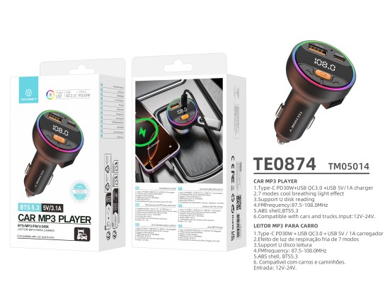 Techancy Auto-MP3-Player TE0874, PD30W+QC3.0, 7-farbiges Licht, FM 87,5-108 MHz, U-Disk, kompatibel Techancy Auto-MP3-Player TE0874, PD30W+QC3.0, 7-farbiges Licht, FM 87,5-108 MHz, U-Disk, kompatibel