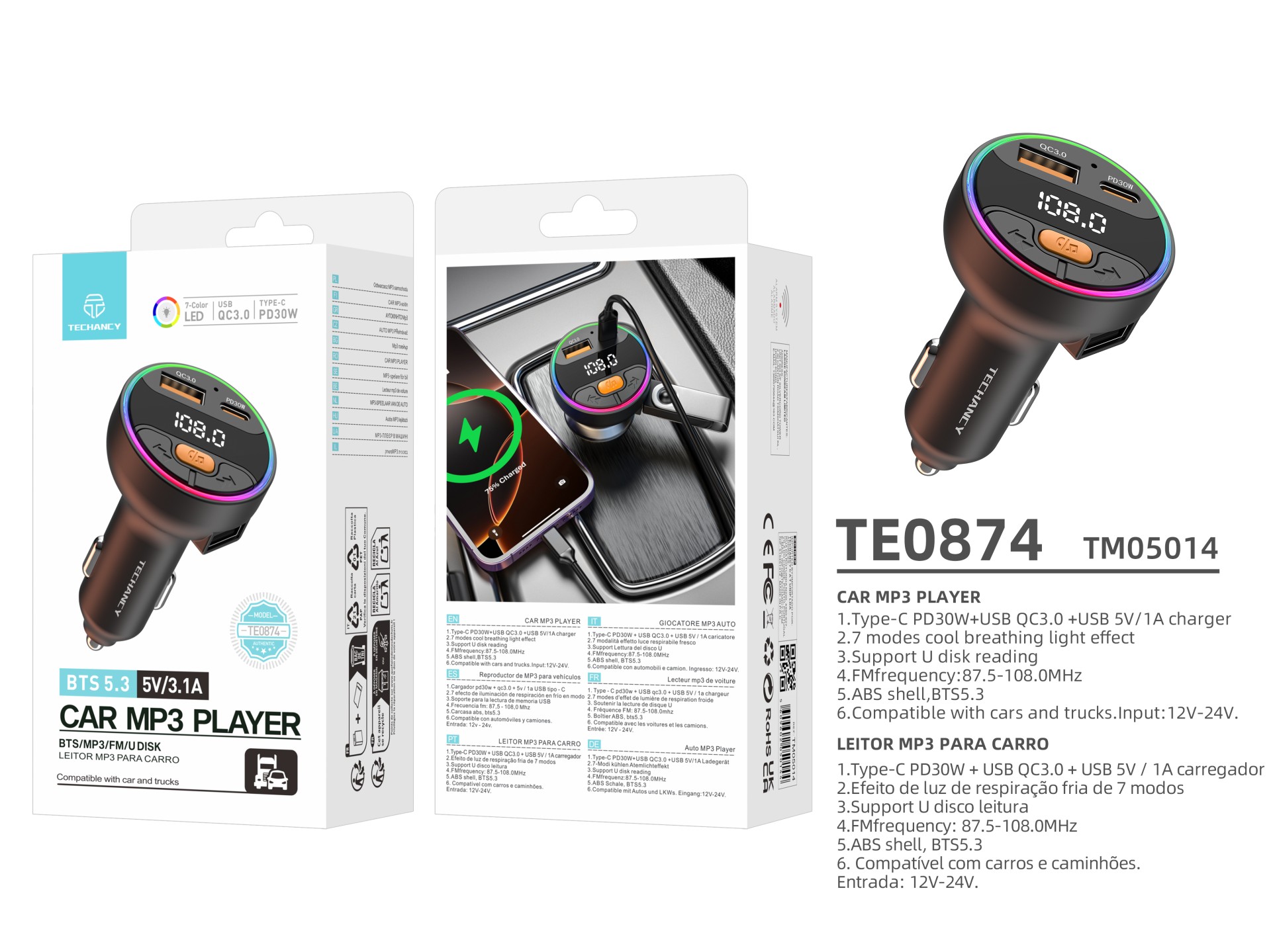 Techancy Auto-MP3-Player TE0874, PD30W+QC3.0, 7-farbiges Licht, FM 87,5-108 MHz, U-Disk, kompatibel Techancy Auto-MP3-Player TE0874, PD30W+QC3.0, 7-farbiges Licht, FM 87,5-108 MHz, U-Disk, kompatibel