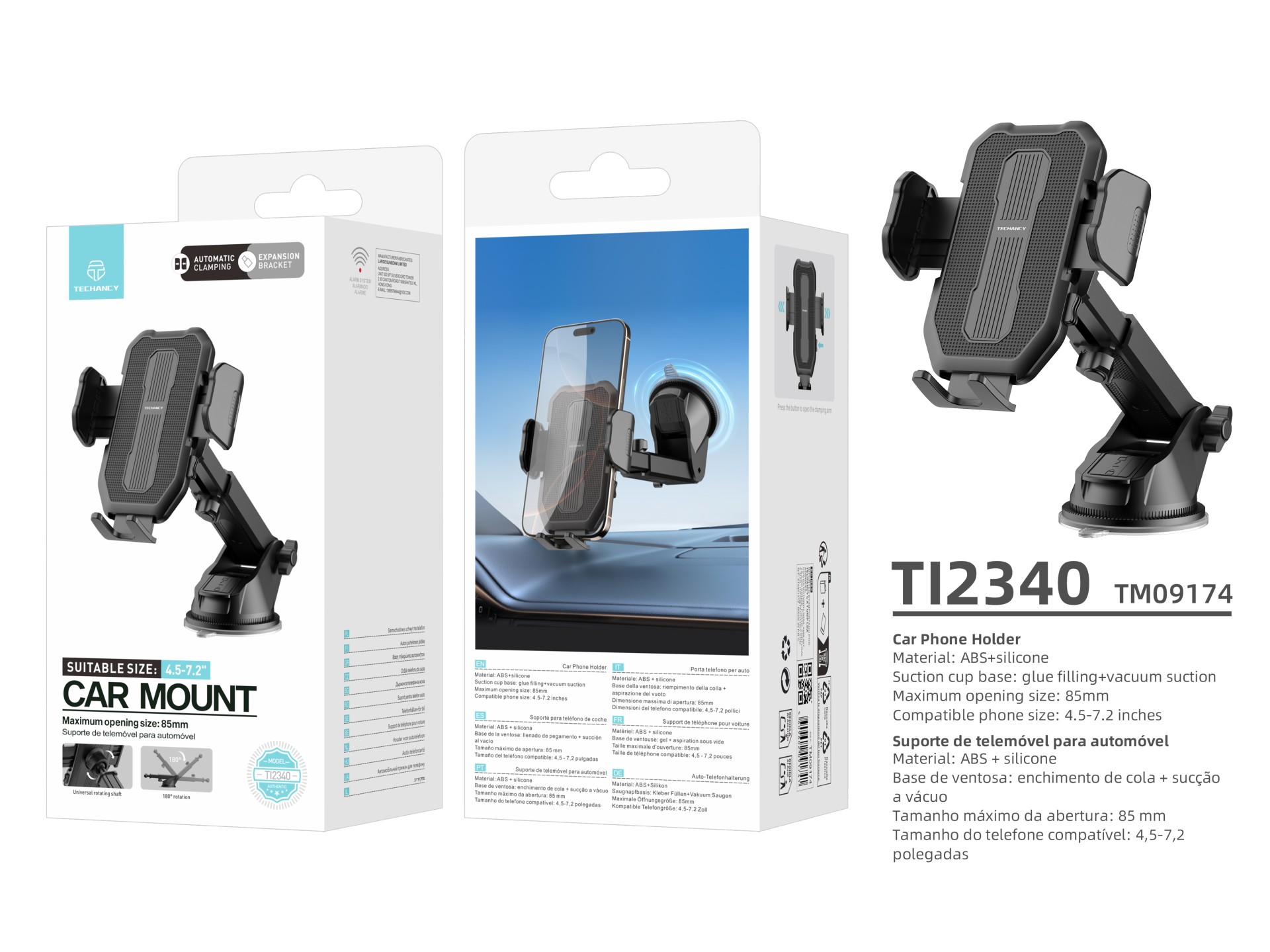 Supporto per cellulare da auto Techancy TI2340 Base a ventosa Compatibile con dispositivi da 4,5-7,2 Supporto per cellulare da auto Techancy TI2340 Base a ventosa Compatibile con dispositivi da 4,5-7,2