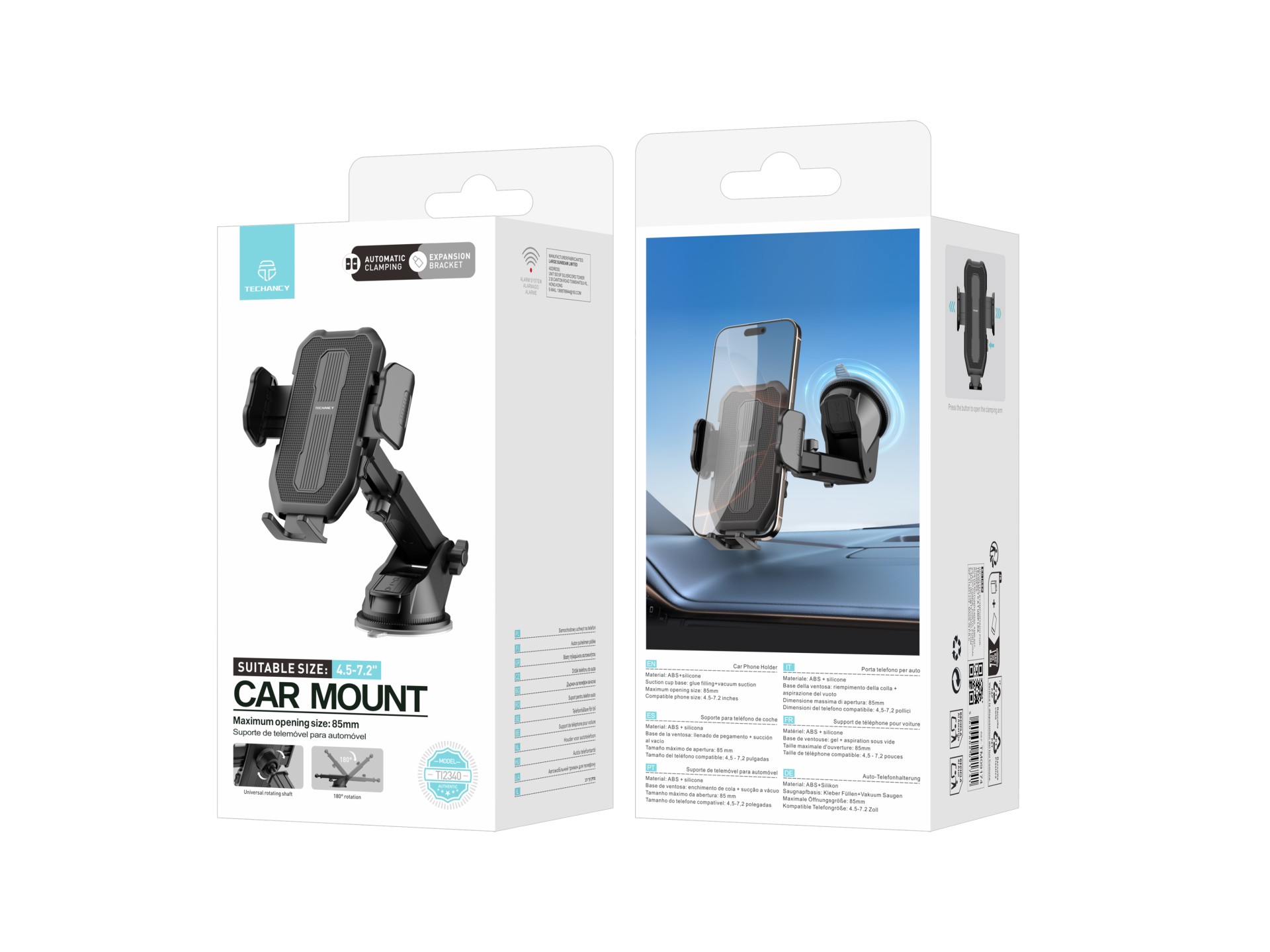 Supporto per cellulare da auto Techancy TI2340 Base a ventosa Compatibile con dispositivi da 4,5-7,2 Supporto per cellulare da auto Techancy TI2340 Base a ventosa Compatibile con dispositivi da 4,5-7,2