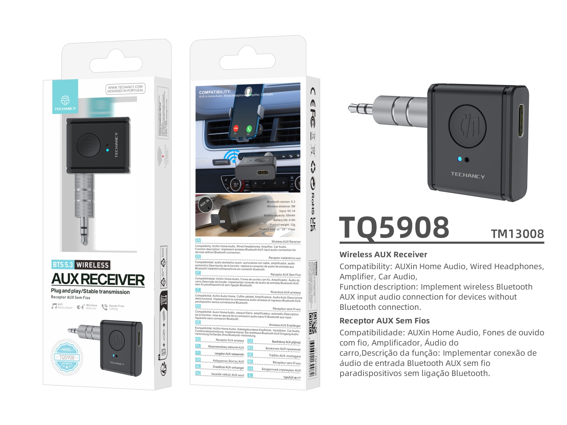 Techancy Wireless AUX Receiver TQ5908 Bluetooth 5.3, Car Audio, Home Sound, Headphones, Compact and Techancy Wireless AUX Receiver TQ5908 Bluetooth 5.3, Car Audio, Home Sound, Headphones, Compact and
