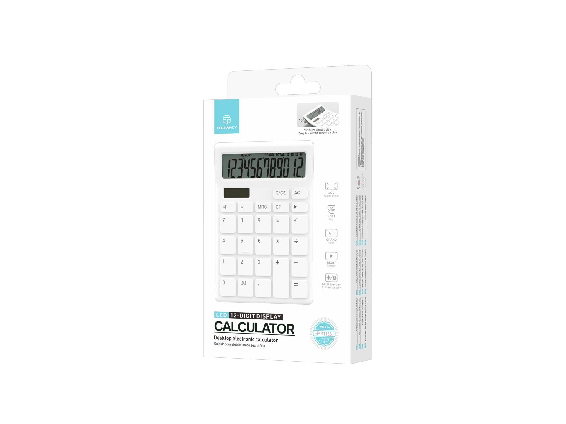 Techancy Calculadora de Mesa MK1166 12 Dígitos Dupla Energia Função GT/MU ABS TM25001 Branco Techancy Calculadora de Mesa MK1166 12 Dígitos Dupla Energia Função GT/MU ABS TM25001 Branco