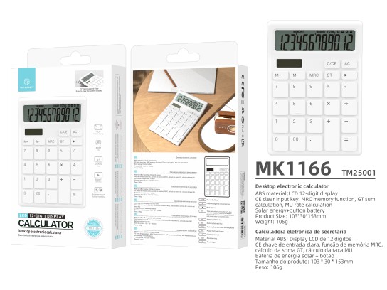 Techancy Calculadora de Mesa MK1166 12 Dígitos Dupla Energia Função GT/MU ABS TM25001 Branco Techancy Calculadora de Mesa MK1166 12 Dígitos Dupla Energia Função GT/MU ABS TM25001 Branco