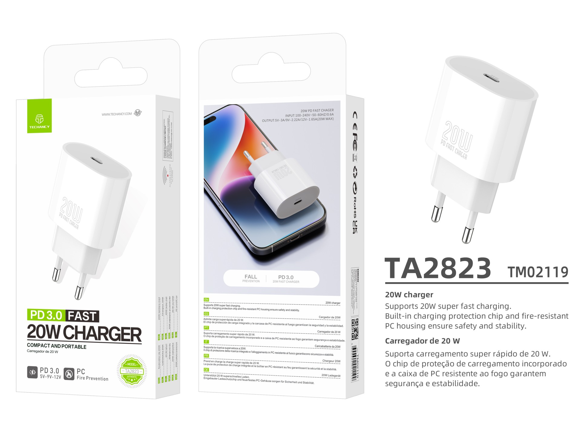 Techancy Charger TA2823 PD3.0 20W USB-C Fast Charging Adapter Compatible with iPhone, Samsung, Huawe