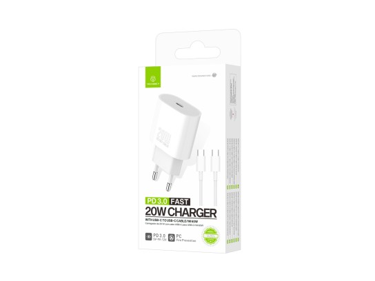 Techancy Carregador TA2824 PD3.0 20W com Cabo USB-C para USB-C Compativel com Tablets Portateis Tele Techancy Carregador TA2824 PD3.0 20W com Cabo USB-C para USB-C Compativel com Tablets Portateis Tele
