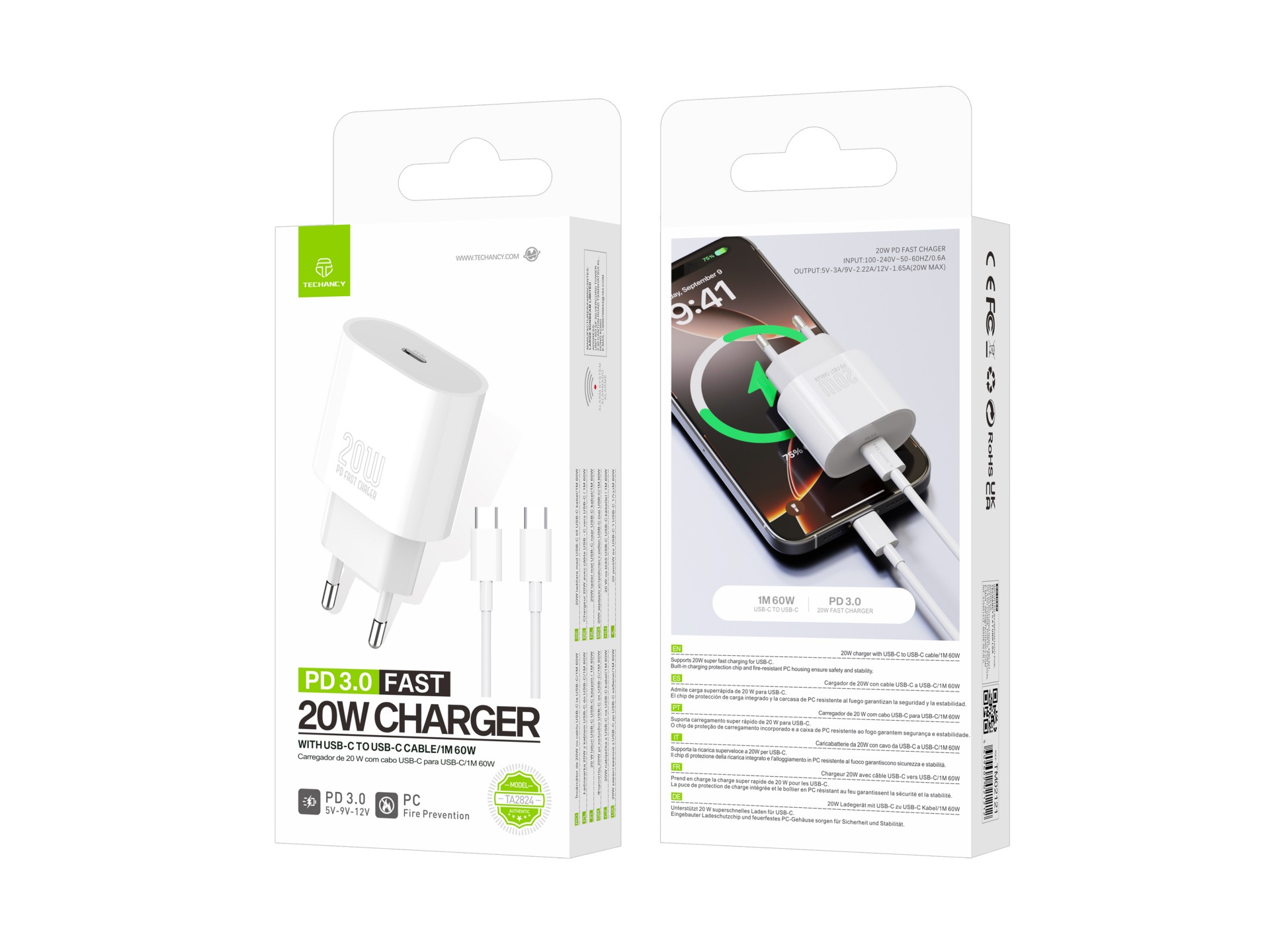Techancy Carregador TA2824 PD3.0 20W com Cabo USB-C para USB-C Compativel com Tablets Portateis Tele Techancy Carregador TA2824 PD3.0 20W com Cabo USB-C para USB-C Compativel com Tablets Portateis Tele