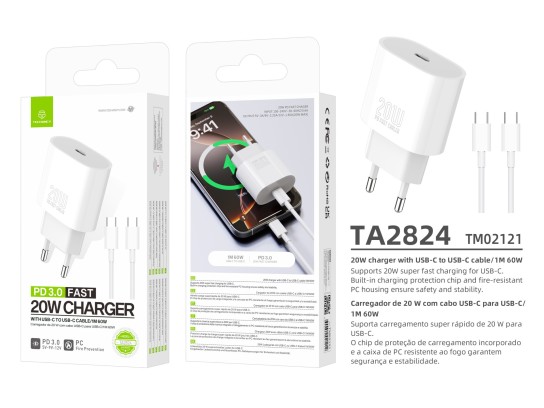 Techancy Carregador TA2824 PD3.0 20W com Cabo USB-C para USB-C Compativel com Tablets Portateis Tele Techancy Carregador TA2824 PD3.0 20W com Cabo USB-C para USB-C Compativel com Tablets Portateis Tele