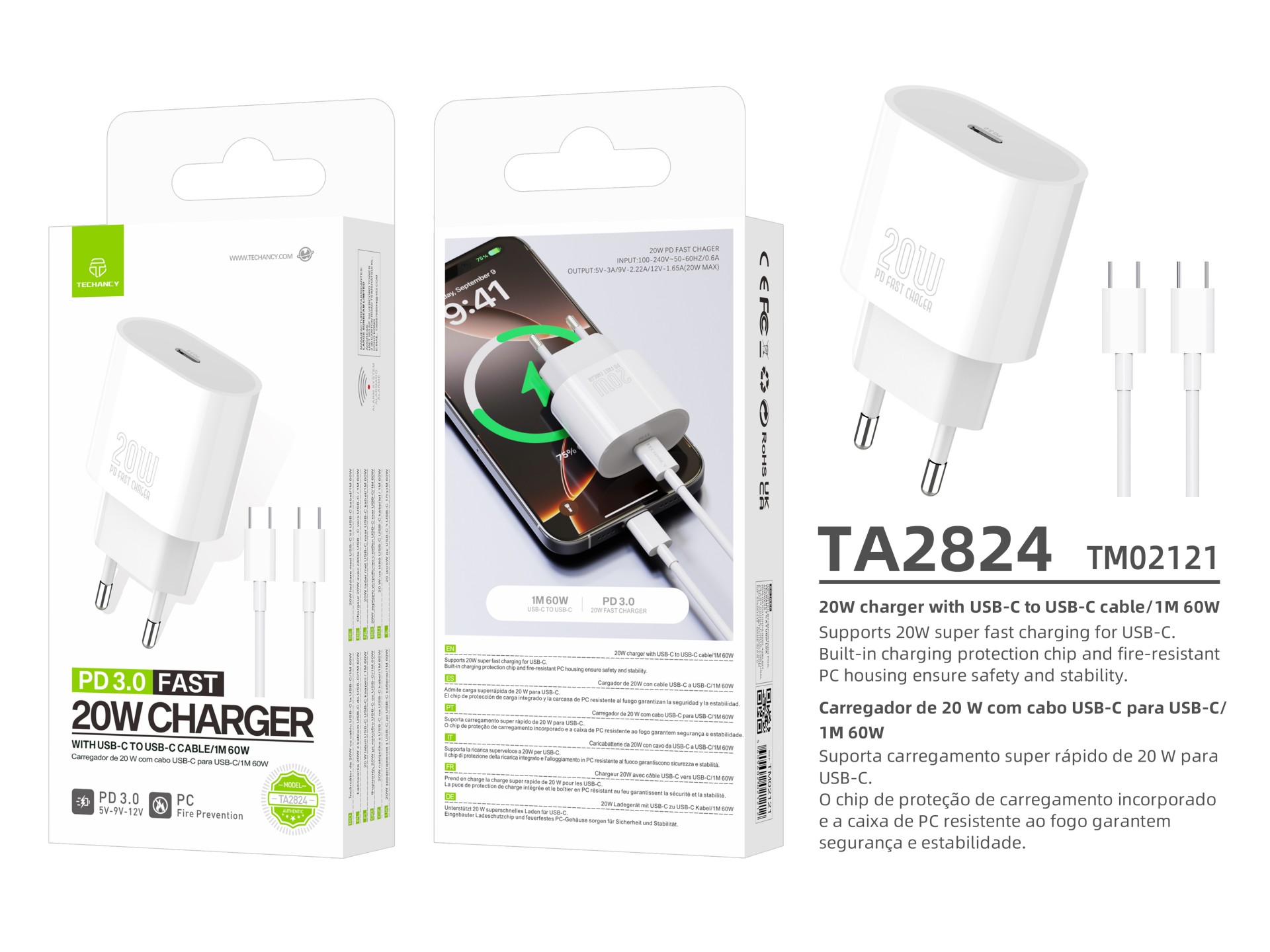 Techancy Carregador TA2824 PD3.0 20W com Cabo USB-C para USB-C Compativel com Tablets Portateis Tele Techancy Carregador TA2824 PD3.0 20W com Cabo USB-C para USB-C Compativel com Tablets Portateis Tele