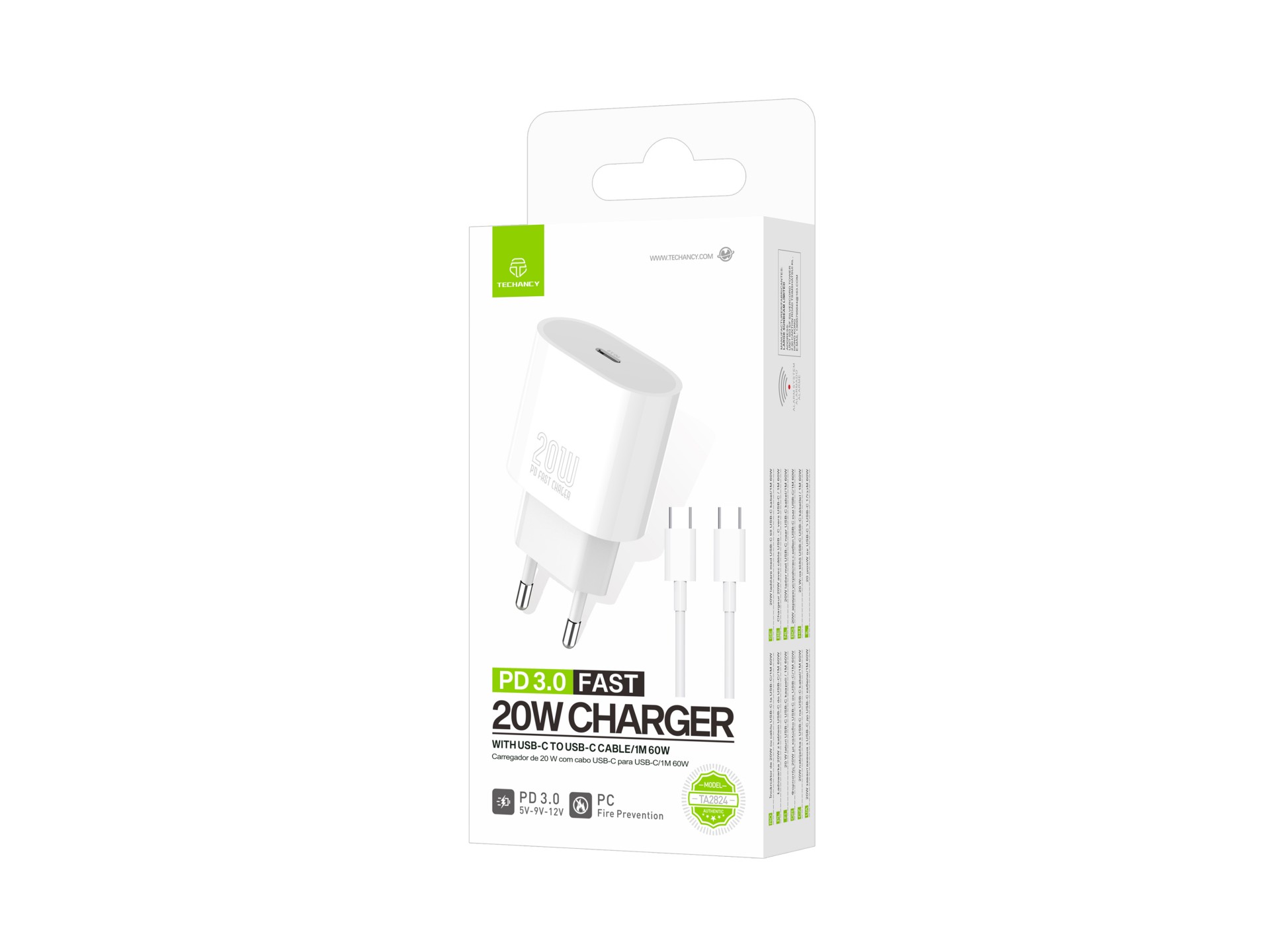 Techancy Carregador TA2824 PD3.0 20W com Cabo USB-C para USB-C Compativel com Tablets Portateis Tele Techancy Carregador TA2824 PD3.0 20W com Cabo USB-C para USB-C Compativel com Tablets Portateis Tele