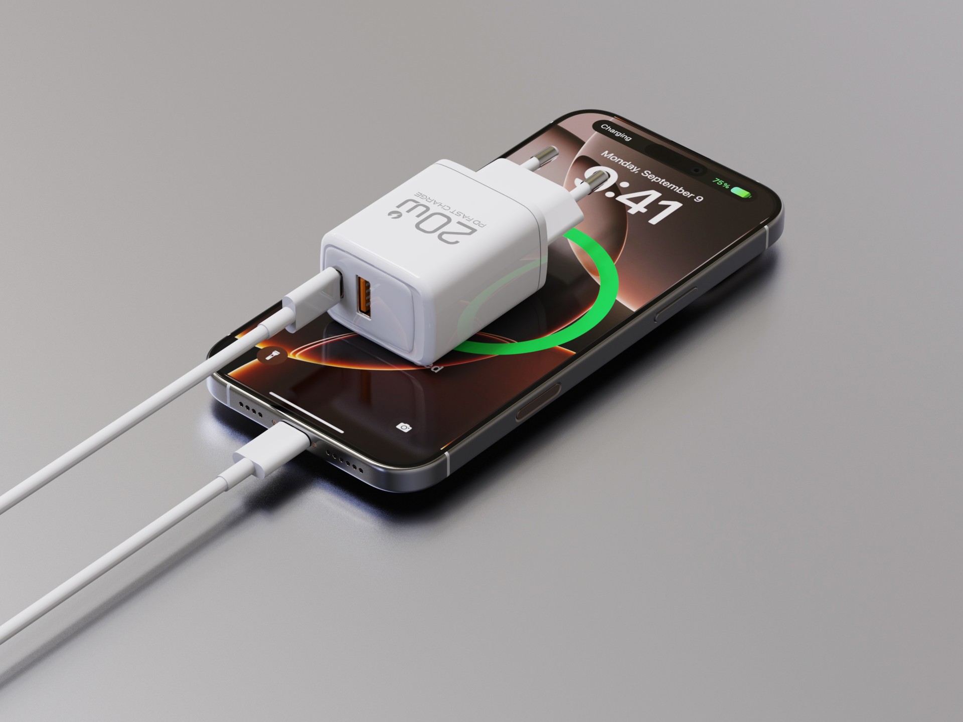 Caricabatterie rapido Techancy PD3.0 da 20 W con doppio cavo USB-C+USB-A da 1 m 60 W per iPhone/Sams