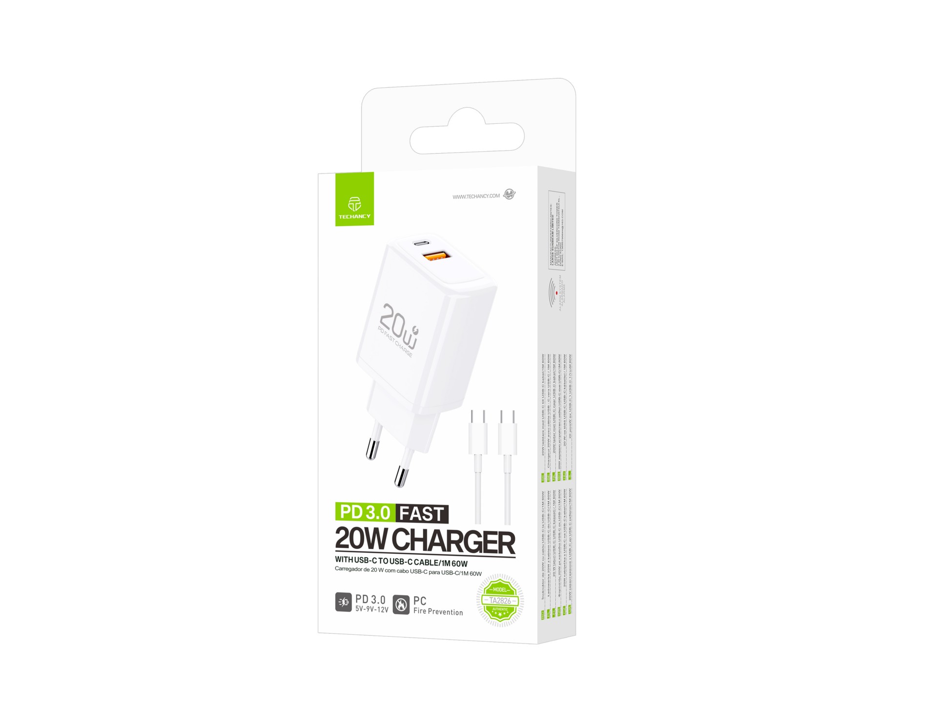 Caricabatterie rapido Techancy PD3.0 da 20 W con doppio cavo USB-C+USB-A da 1 m 60 W per iPhone/Sams
