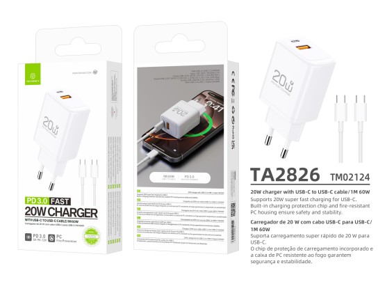 Caricabatterie rapido Techancy PD3.0 da 20 W con doppio cavo USB-C+USB-A da 1 m 60 W per iPhone/Sams
