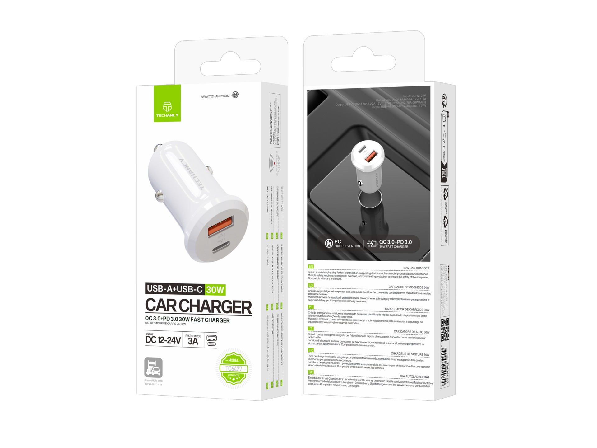 Chargeur de voiture Techancy 30 W TC6427 USB-A + USB-C à charge rapide QC3.0 PD3.0 compatible avec l Chargeur de voiture Techancy 30 W TC6427 USB-A + USB-C à charge rapide QC3.0 PD3.0 compatible avec l