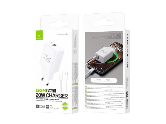 Caricabatterie rapido Techancy PD3.0 da 20 W con doppio cavo USB-C+USB-A da 1 m 60 W per iPhone/Sams