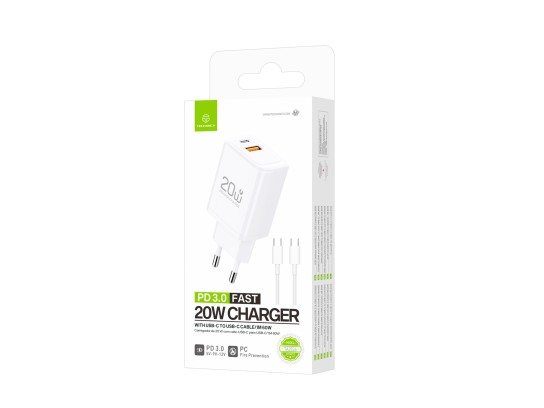 Caricabatterie rapido Techancy PD3.0 da 20 W con doppio cavo USB-C+USB-A da 1 m 60 W per iPhone/Sams