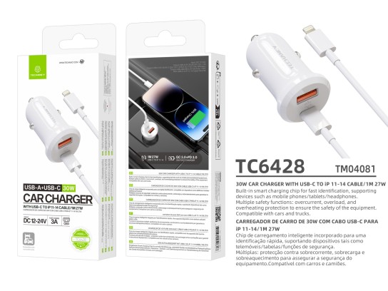 Techancy Carregador de Carro TC6428 30W USB-A+USB-C com cabo 1m USB-C para Lightning PD3.0 QC3.0 12- Techancy Carregador de Carro TC6428 30W USB-A+USB-C com cabo 1m USB-C para Lightning PD3.0 QC3.0 12-