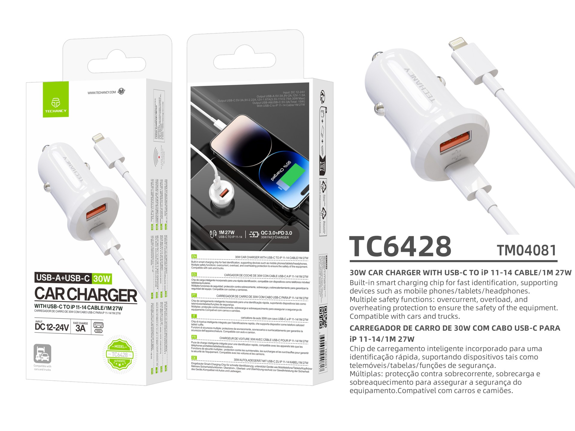Techancy Carregador de Carro TC6428 30W USB-A+USB-C com cabo 1m USB-C para Lightning PD3.0 QC3.0 12- Techancy Carregador de Carro TC6428 30W USB-A+USB-C com cabo 1m USB-C para Lightning PD3.0 QC3.0 12-