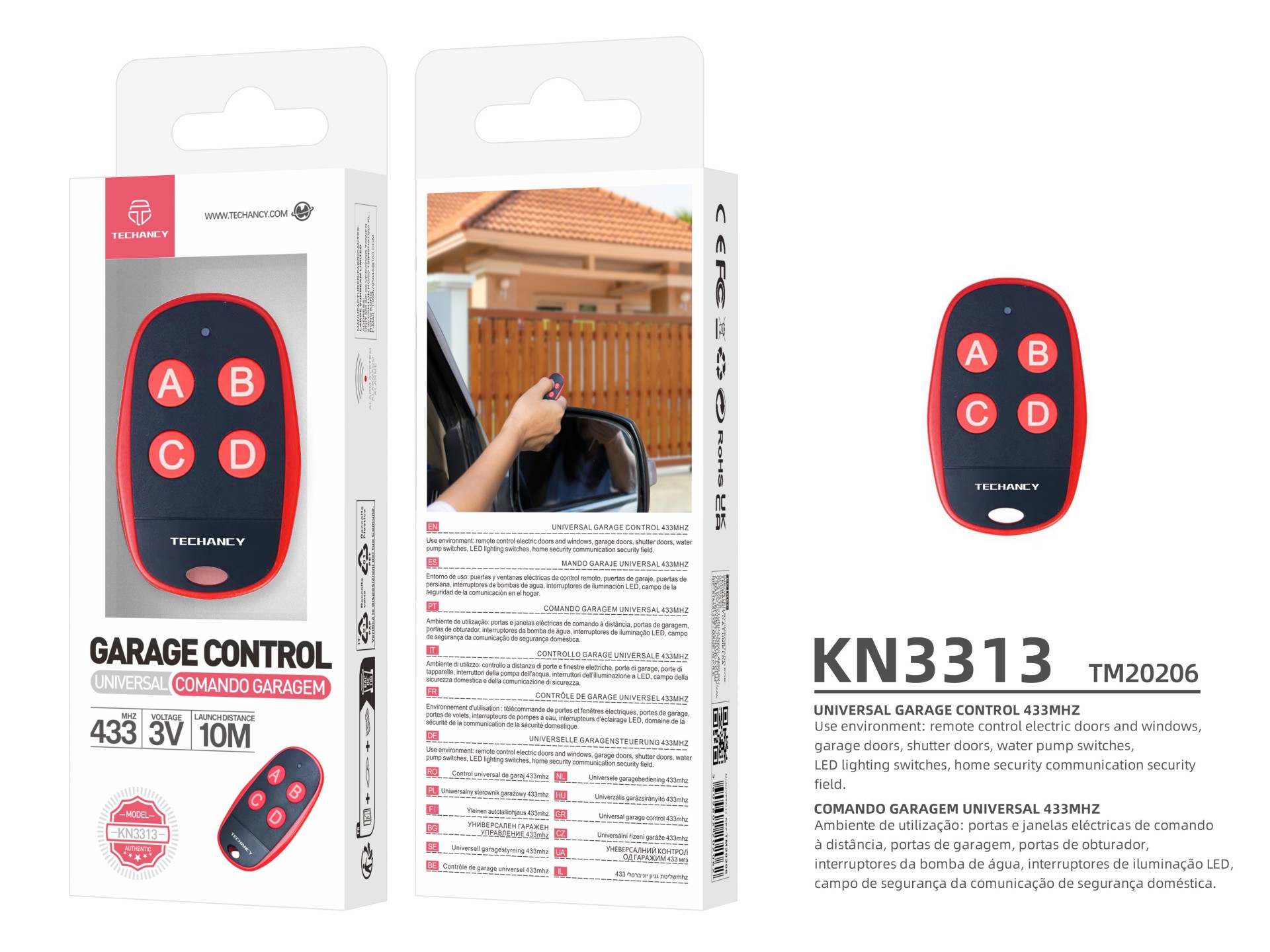Telecomando universale per garage Techancy KN3313 433 MHz per porte da garage elettriche e automatic Telecomando universale per garage Techancy KN3313 433 MHz per porte da garage elettriche e automatic