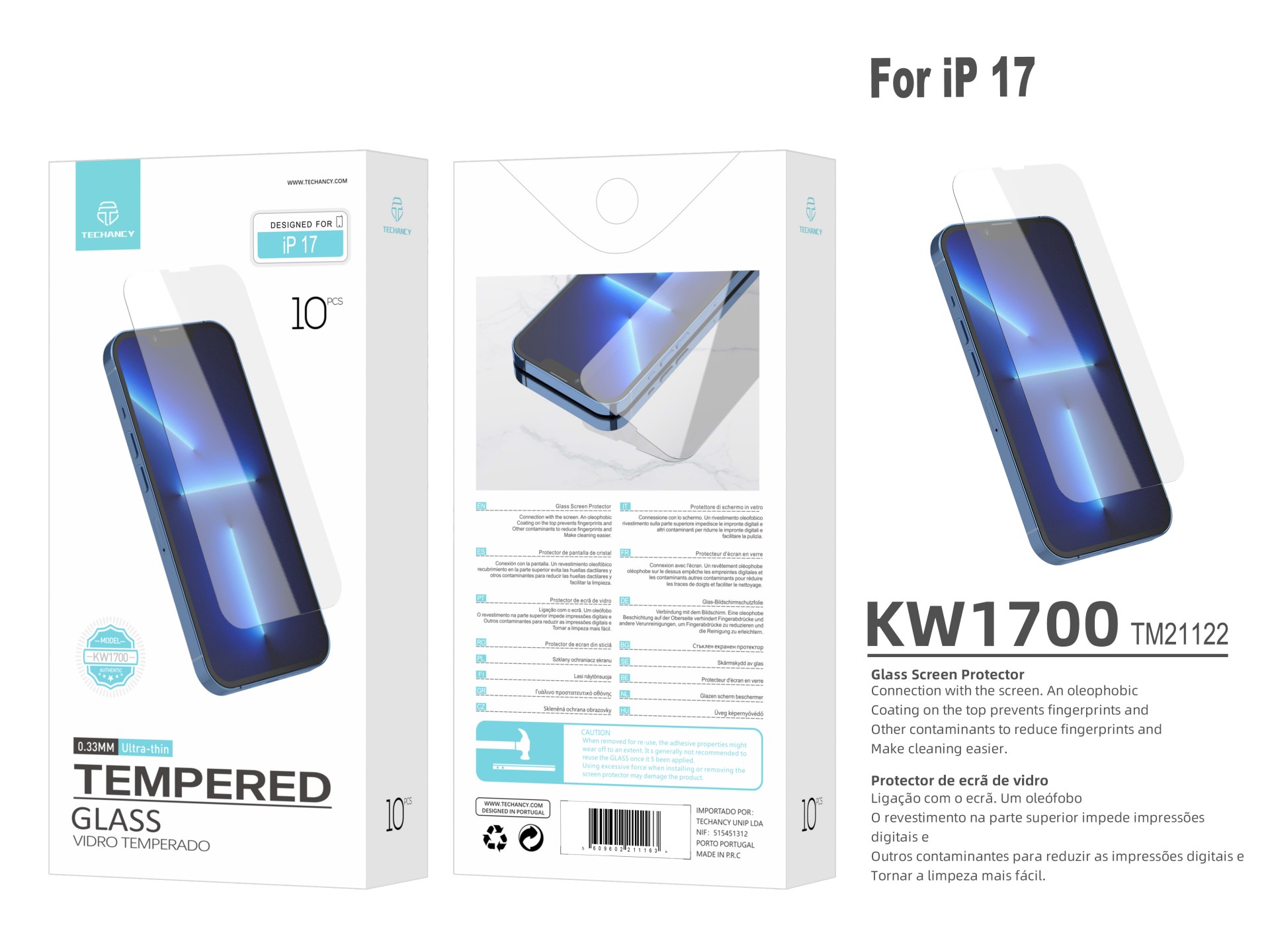 Techancy Tempered Glass Film for iPhone 17 KW1700, 0.33MM Ultra Thin, Anti-Fingerprint, Anti-Scratch