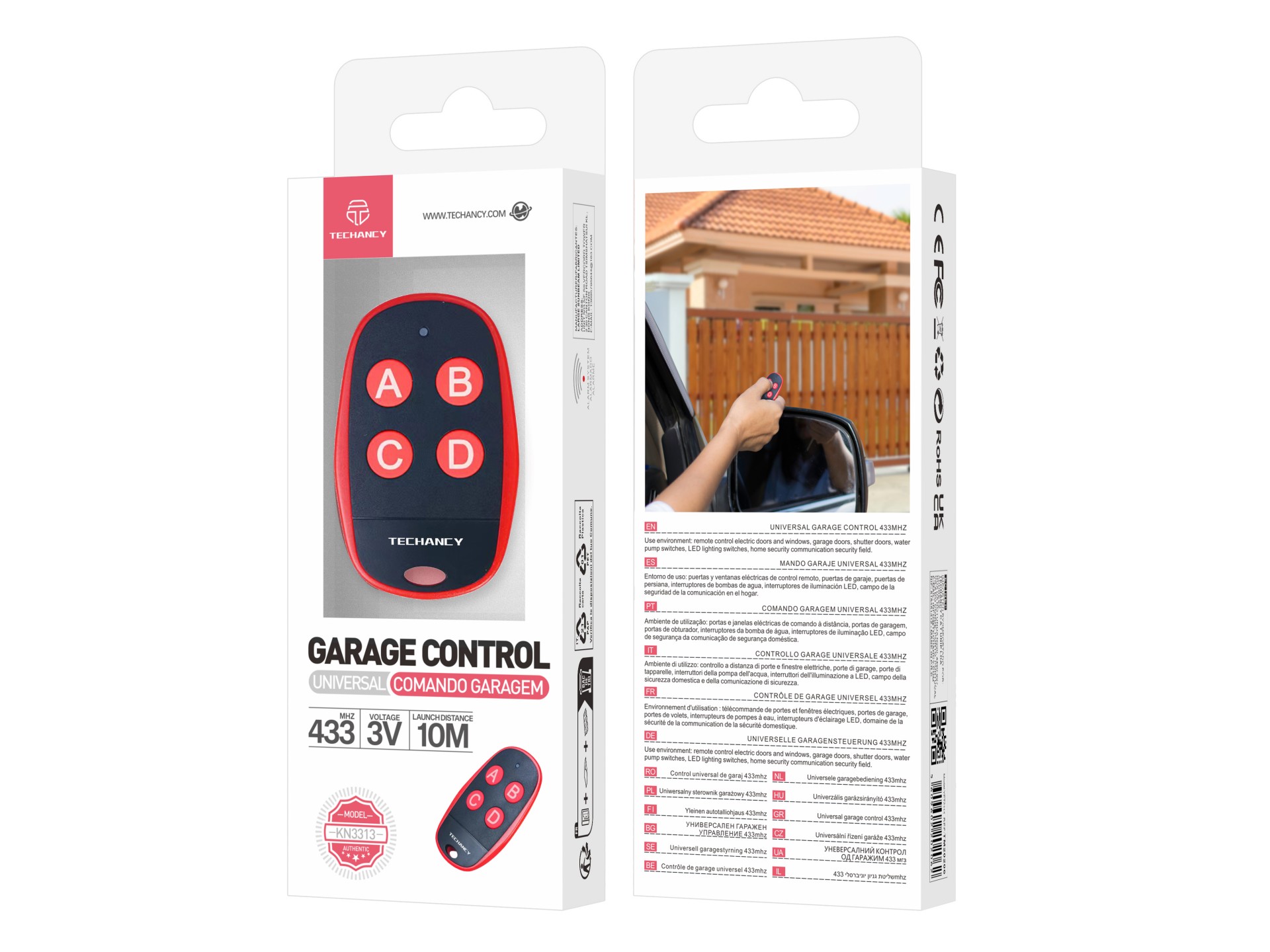 Telecomando universale per garage Techancy KN3313 433 MHz per porte da garage elettriche e automatic Telecomando universale per garage Techancy KN3313 433 MHz per porte da garage elettriche e automatic