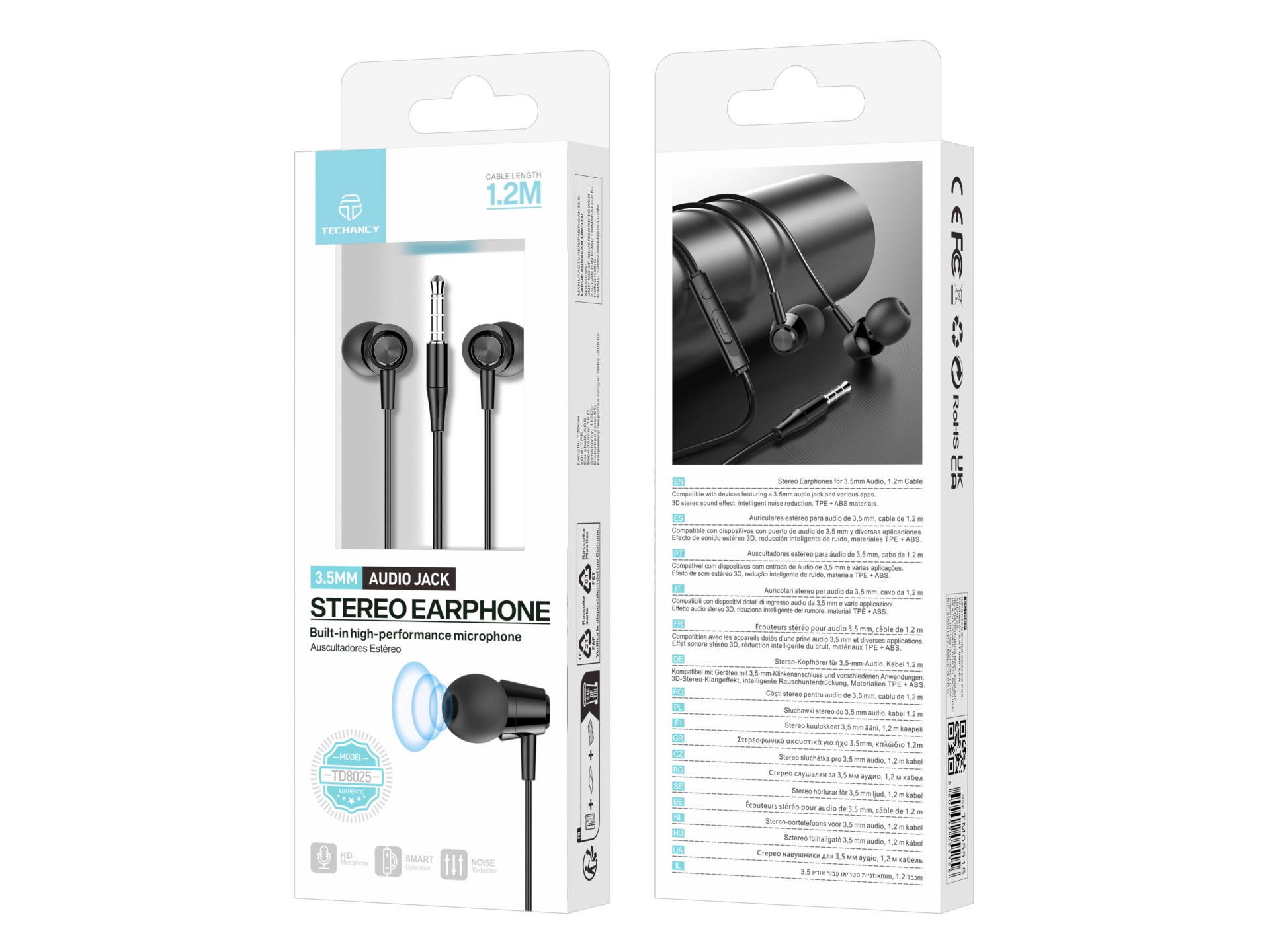 Techancy Auriculares Intra TD8025 Cable 3,5 mm Estéreo con Micrófono Cable 1,2 m Cancelación de Ruid Techancy Auriculares Intra TD8025 Cable 3,5 mm Estéreo con Micrófono Cable 1,2 m Cancelación de Ruid