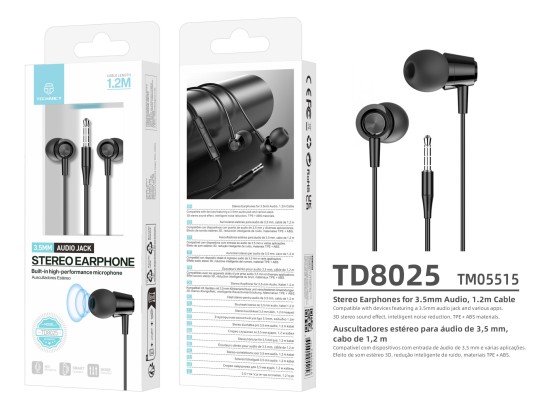 Techancy Auriculares Intra TD8025 Cable 3,5 mm Estéreo con Micrófono Cable 1,2 m Cancelación de Ruid Techancy Auriculares Intra TD8025 Cable 3,5 mm Estéreo con Micrófono Cable 1,2 m Cancelación de Ruid
