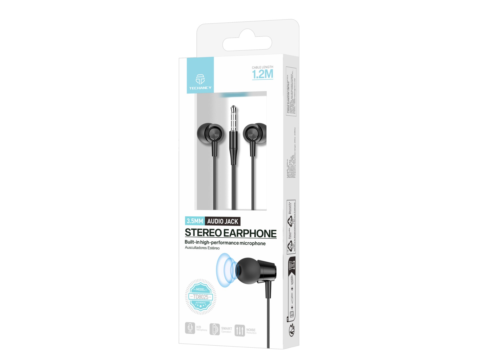Techancy Auriculares Intra TD8025 Cable 3,5 mm Estéreo con Micrófono Cable 1,2 m Cancelación de Ruid Techancy Auriculares Intra TD8025 Cable 3,5 mm Estéreo con Micrófono Cable 1,2 m Cancelación de Ruid