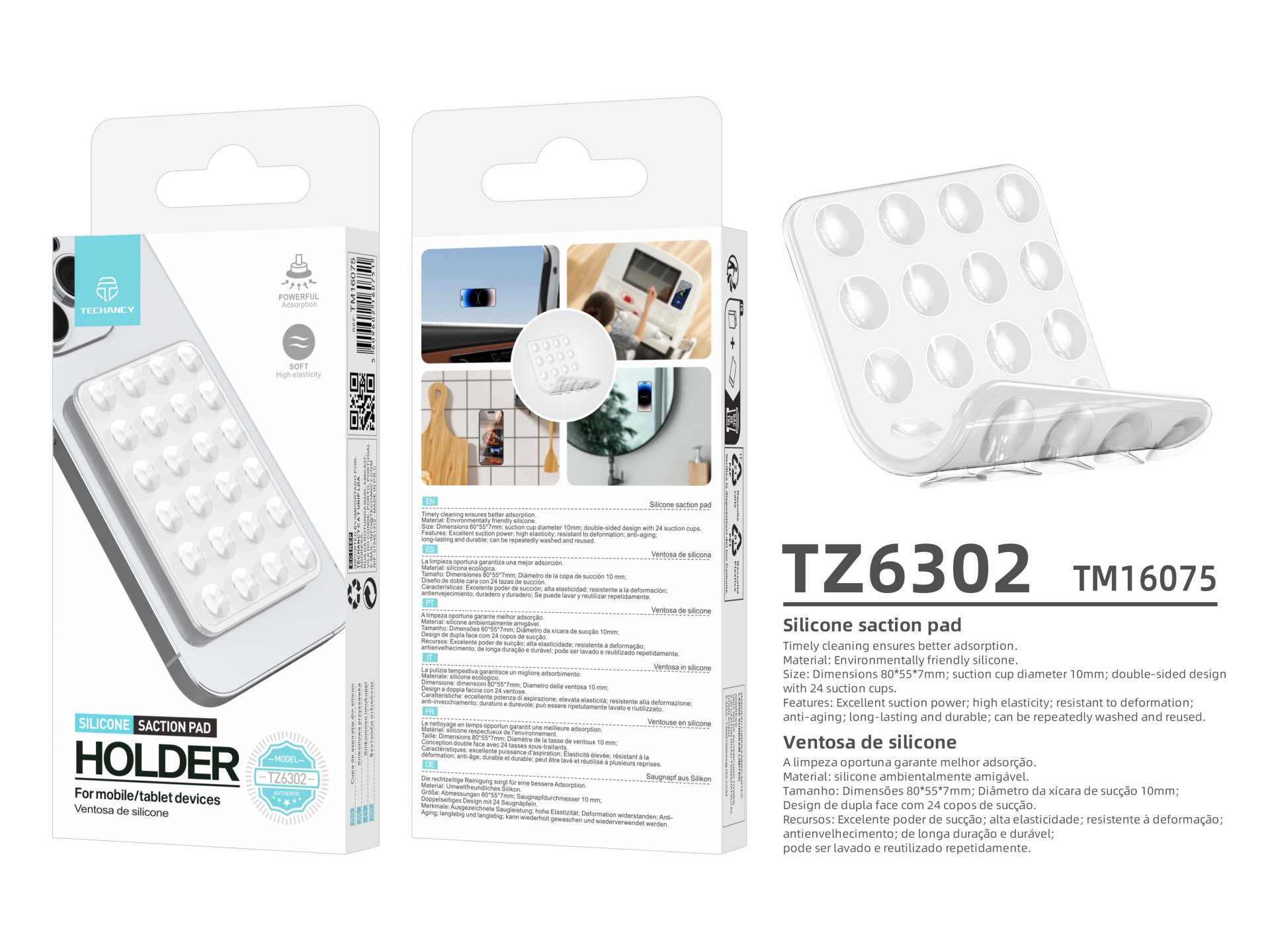 Techancy TZ6302 Suction Cup Holder for Mobile Phone Tablet Eco-Friendly Silicone 24 Suction Cups Str