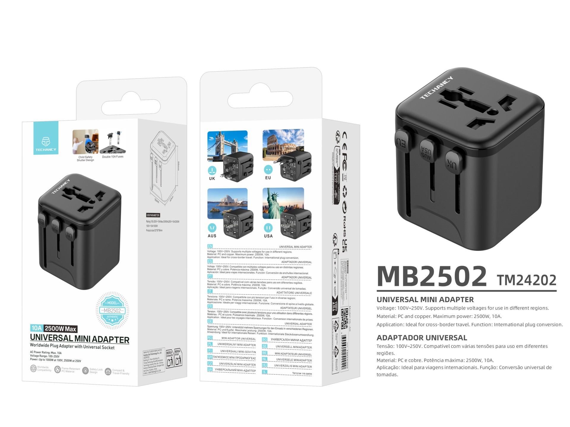 Techancy Adaptador Universal Viagem MB2502 Conversor Tomada Mundial 2500W 10A Compatibilidade UK EU 
