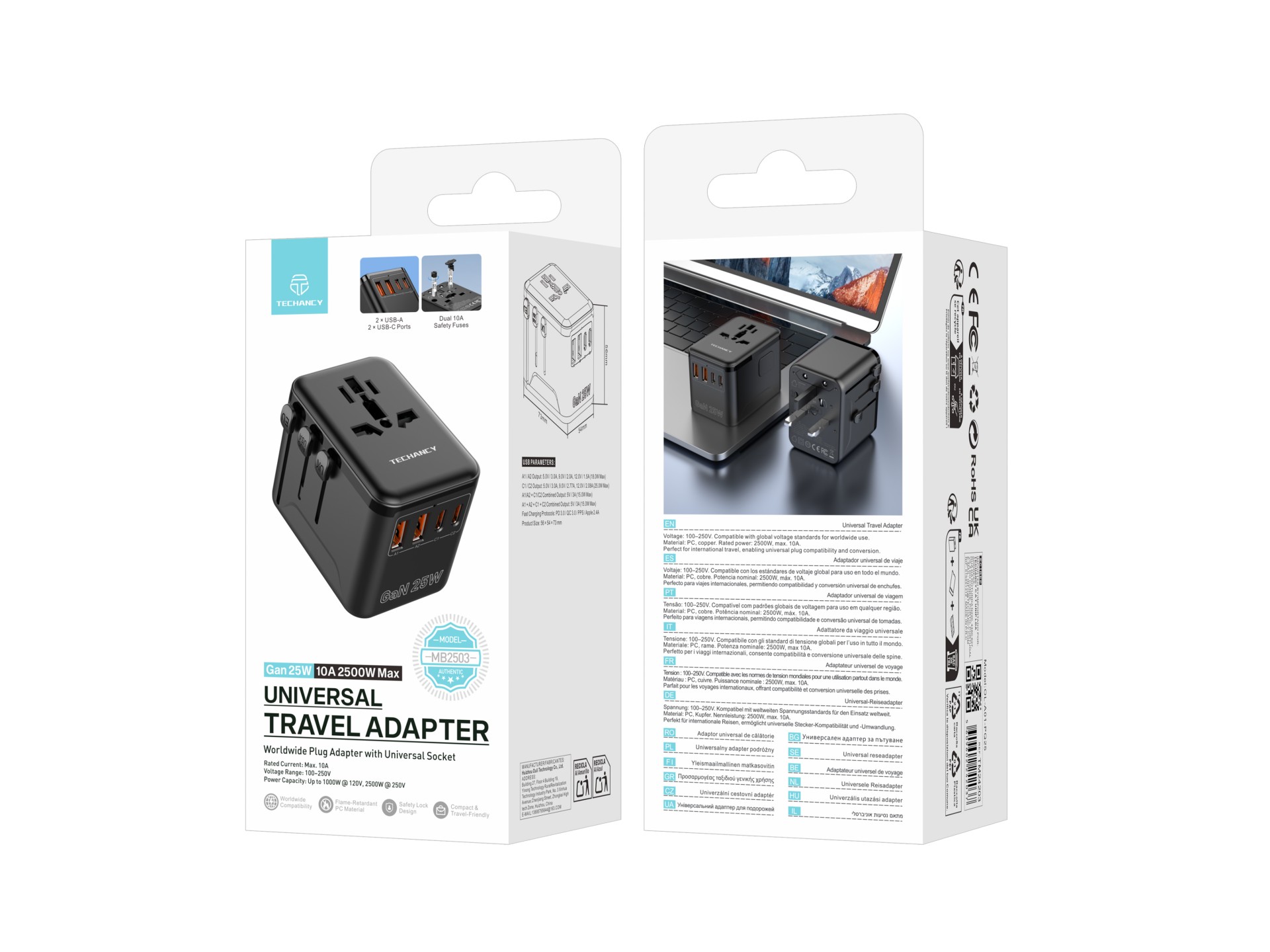 Techancy Adaptador universal de viaje MB2503 Convertidor de enchufe universal GaN 25 W 2500 W 10 A C Techancy Adaptador universal de viaje MB2503 Convertidor de enchufe universal GaN 25 W 2500 W 10 A C