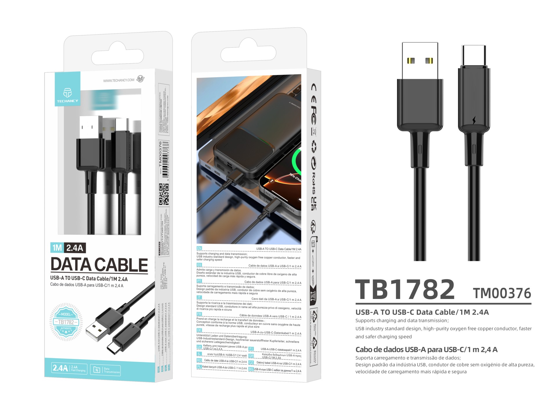 Techancy USB A to USB C Cable TB1782 1m 2.4A Fast charging and data for Android Mobile Phone Tablet Techancy USB A to USB C Cable TB1782 1m 2.4A Fast charging and data for Android Mobile Phone Tablet