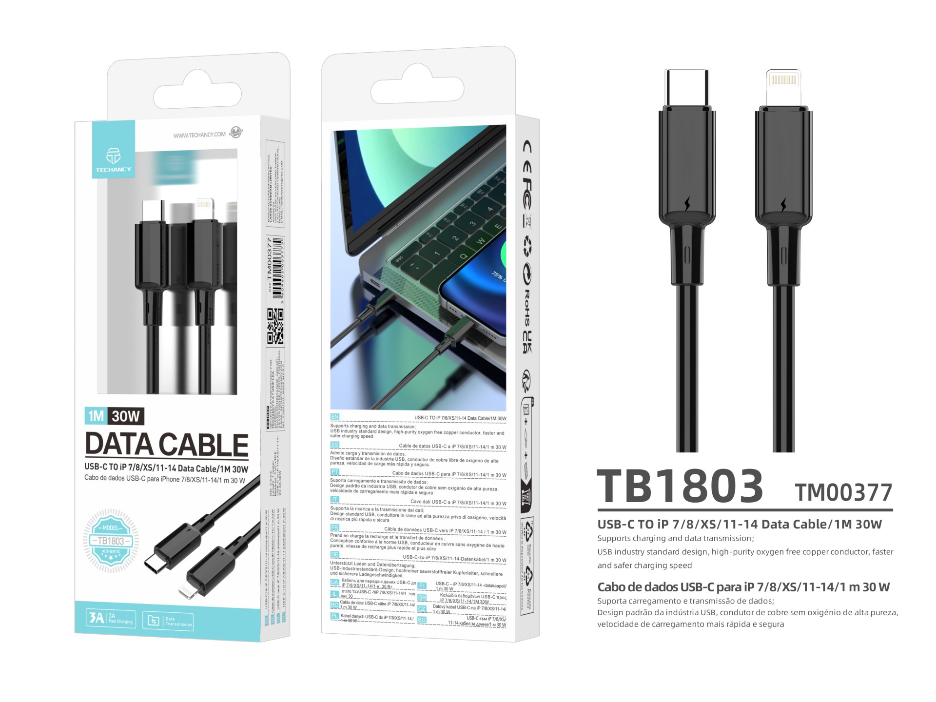 Techancy USB C to Lightning Cable TB1803 1m 30W Fast Charging and Data iPhone 7 8 XS 11 12 13 14 Bla Techancy USB C to Lightning Cable TB1803 1m 30W Fast Charging and Data iPhone 7 8 XS 11 12 13 14 Bla